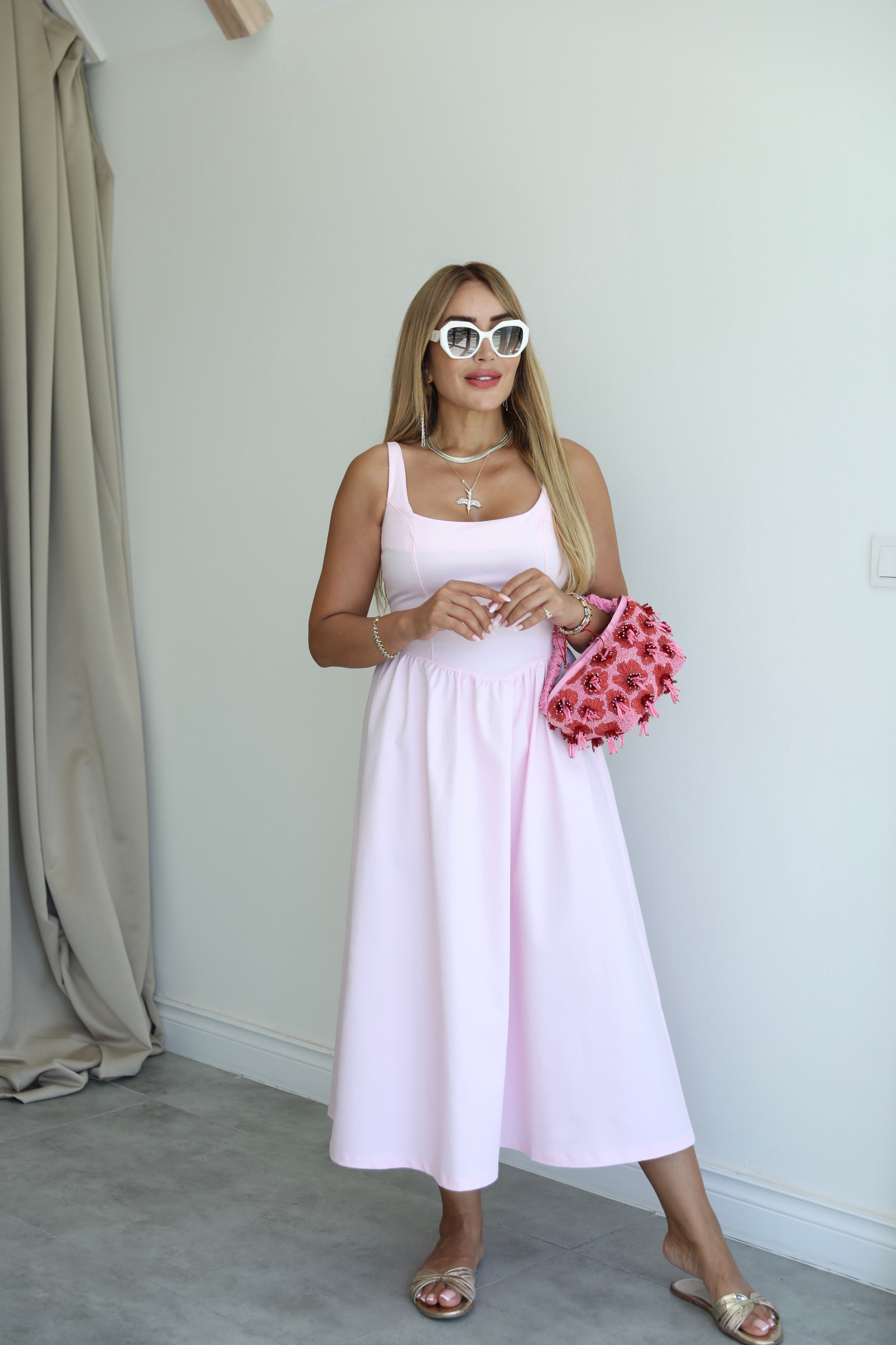 Pembe Jean İnce Askılı Büzgülü Elbise 