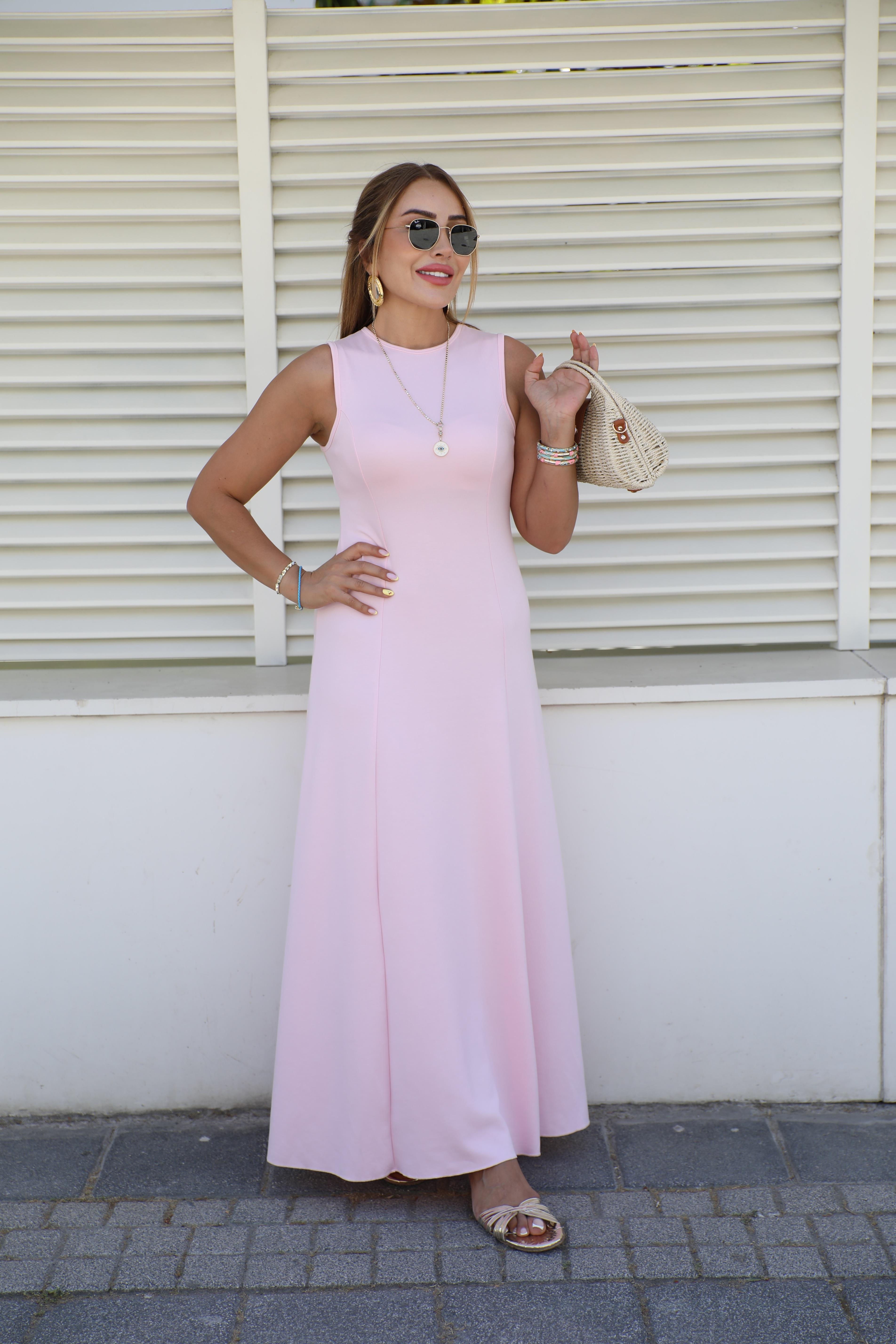 Pembe Kalın Askılı Modal Maxi Elbise