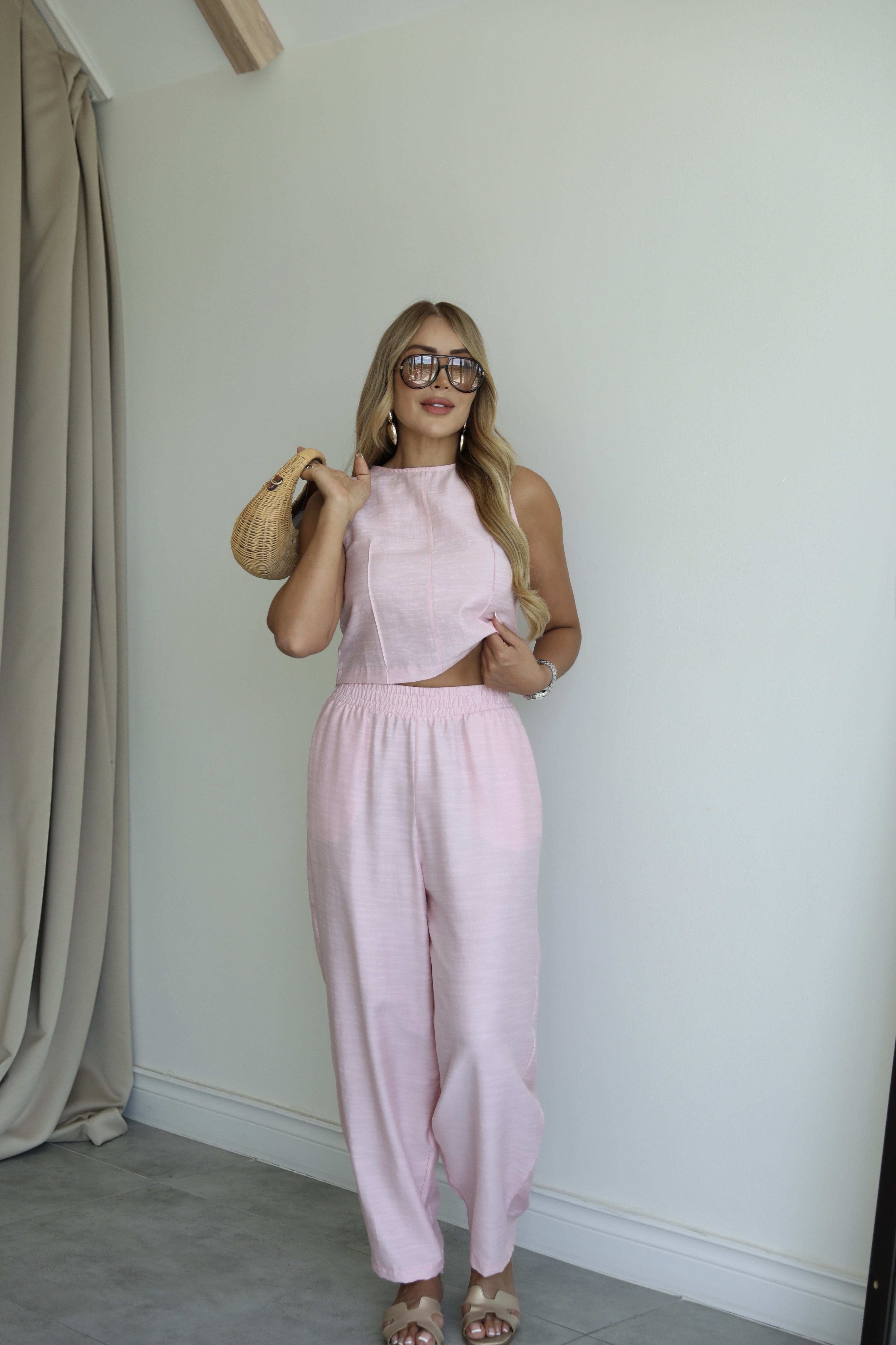Pembe Keten Fermuarlı Bluz Salvar Takım 