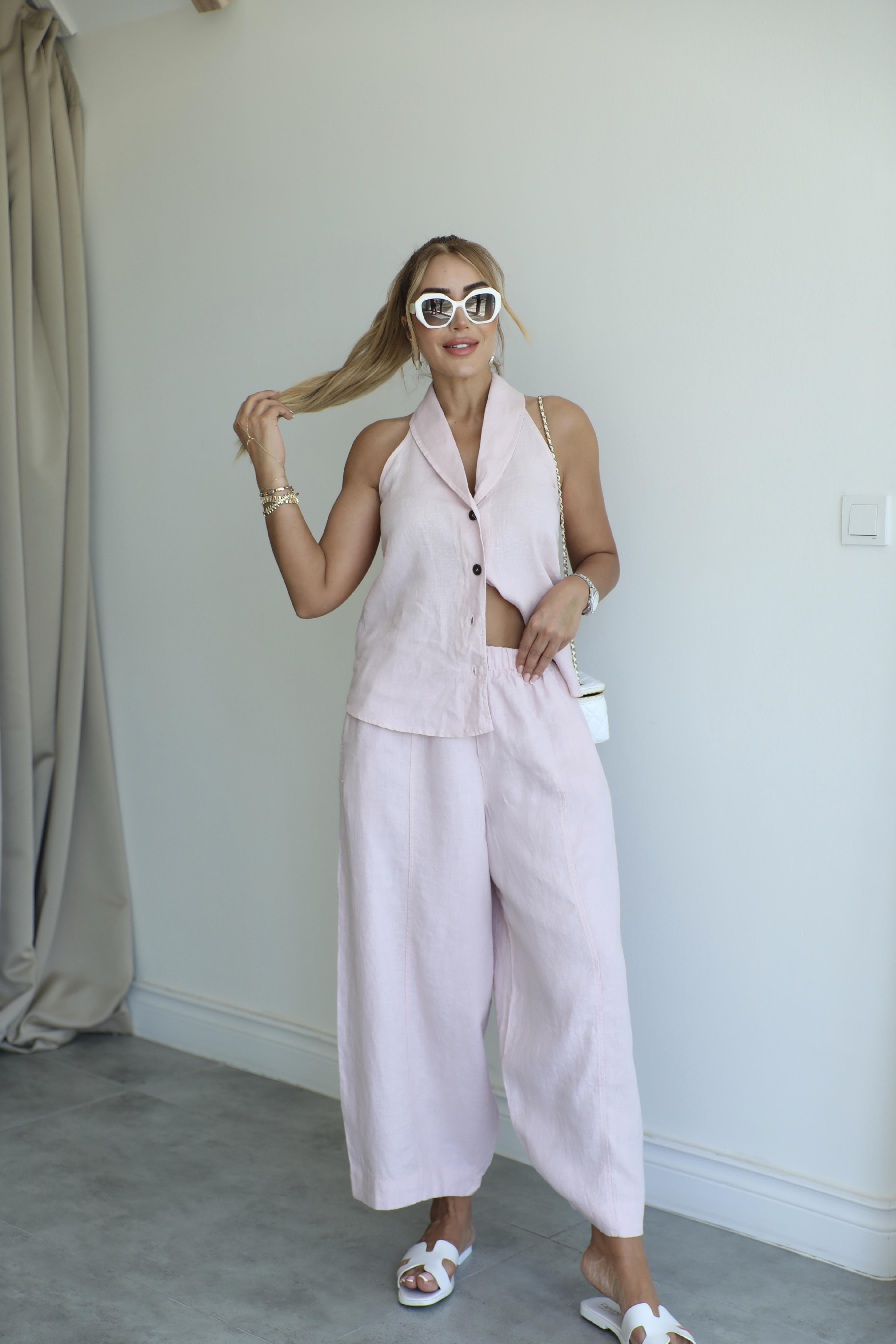 Pembe Keten Şalvar Yelek Takım 