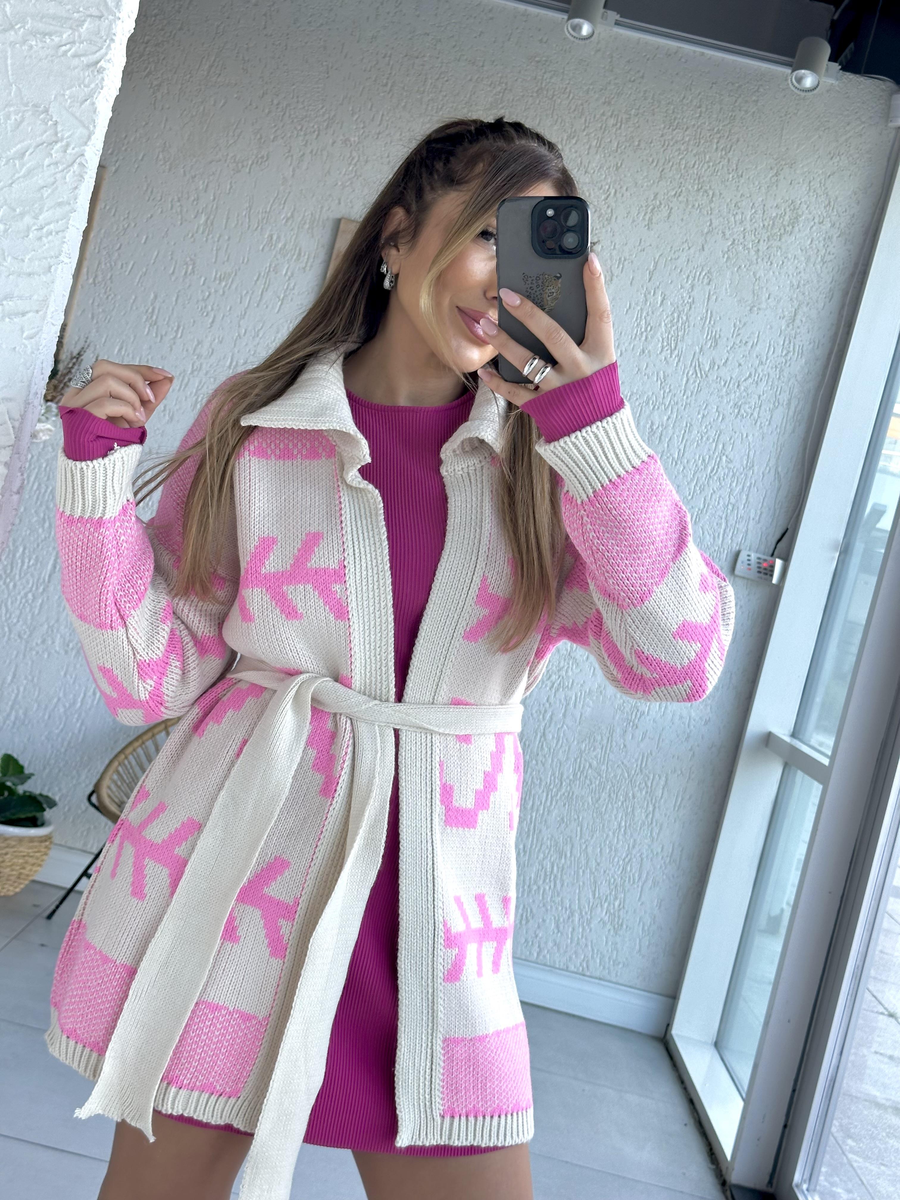 Pembe Krem Desenli Hırka 