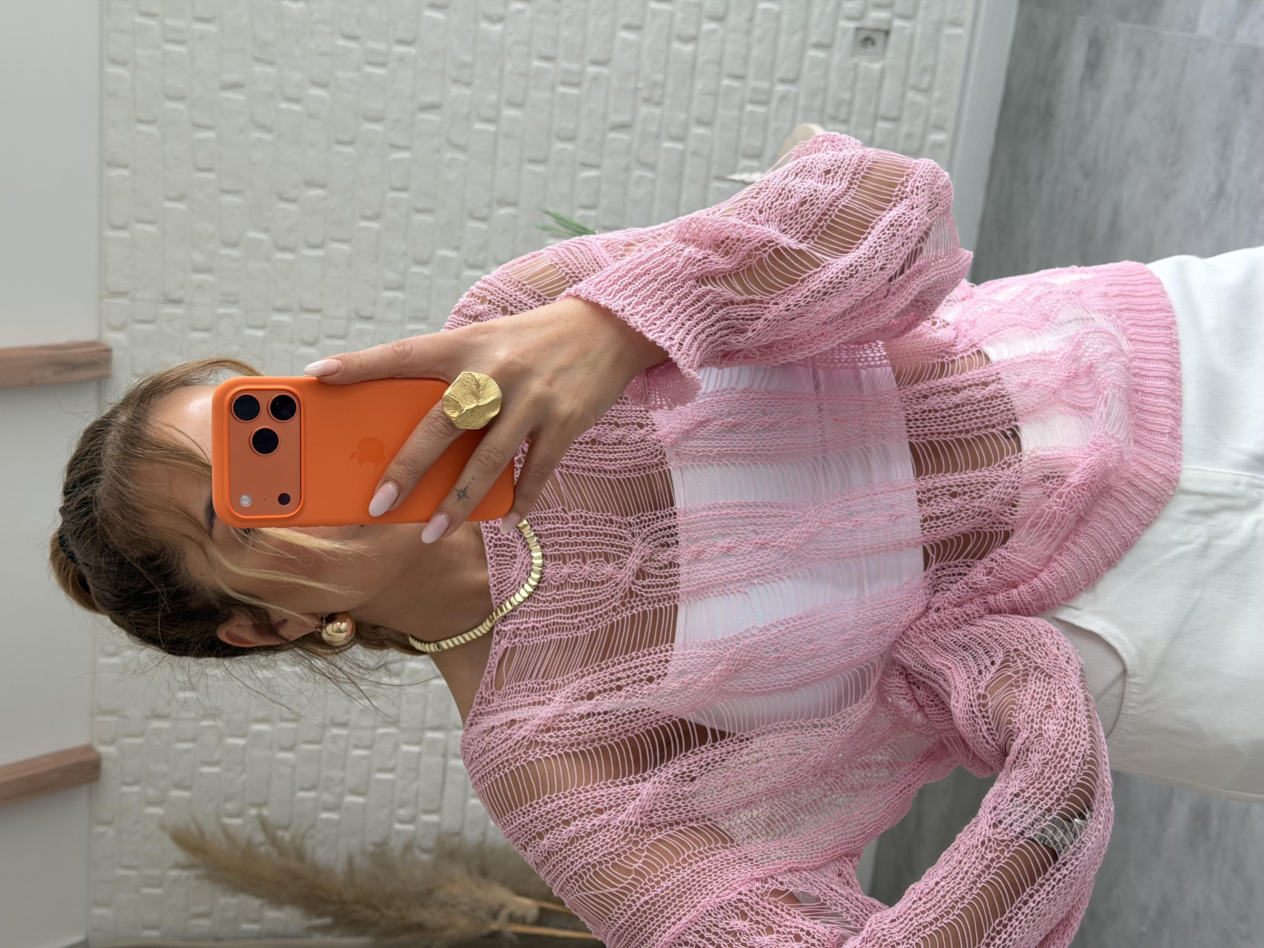 Pembe Merserize Ajurlu Triko