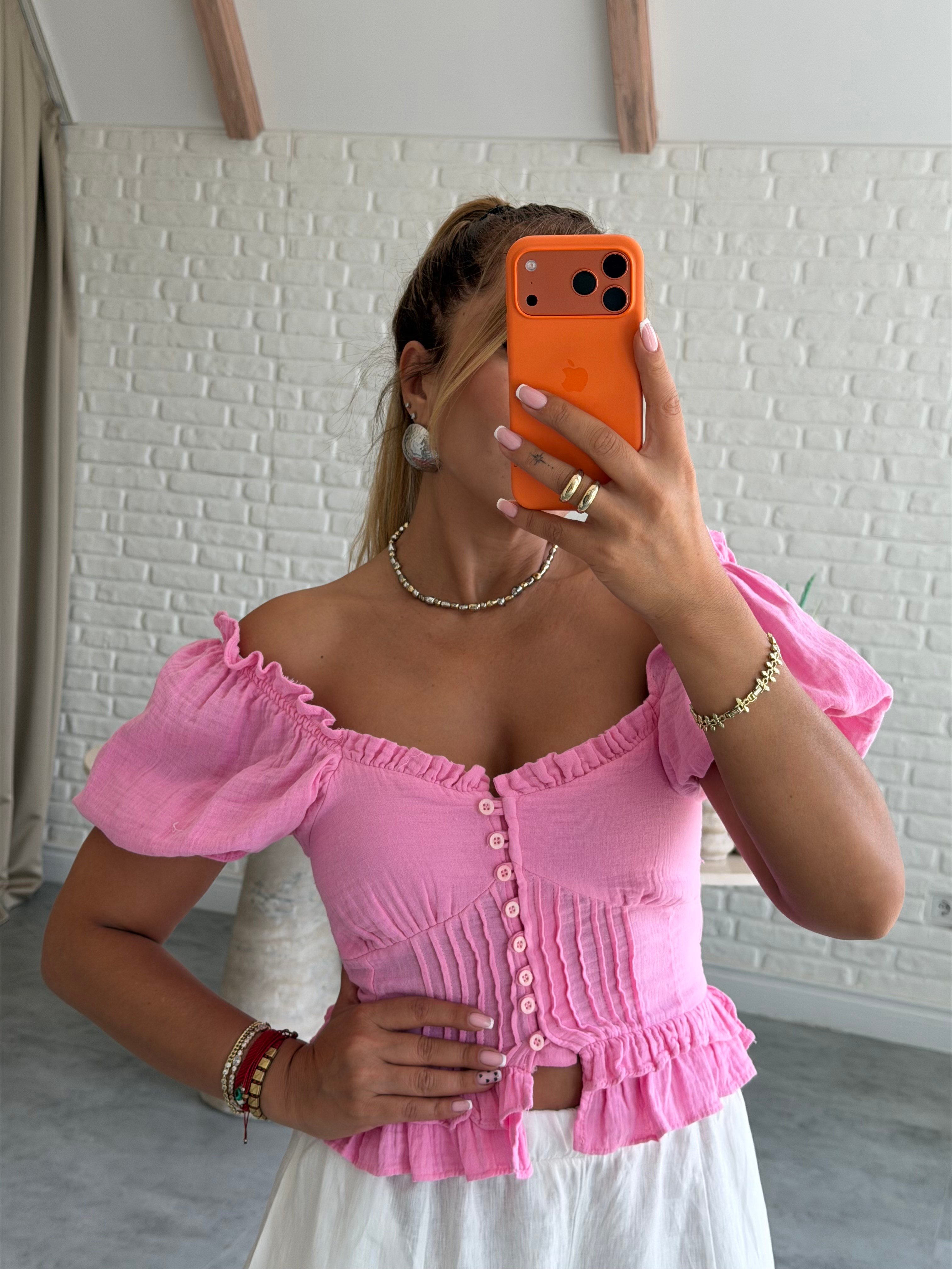Pembe Müslin Balon Kol Bluz