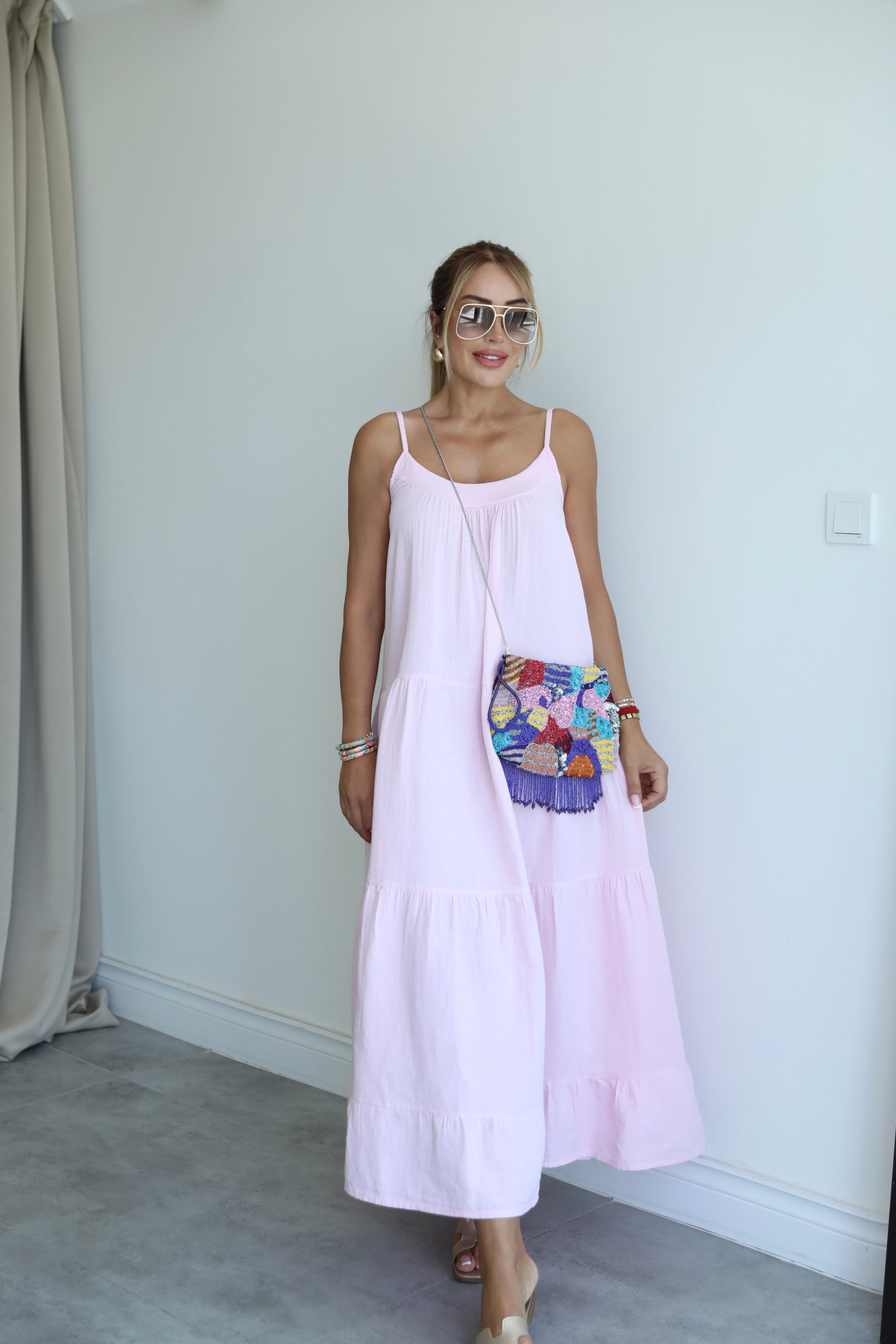 Pembe Müslin Keten İnce Askılı Salaş Elbise 