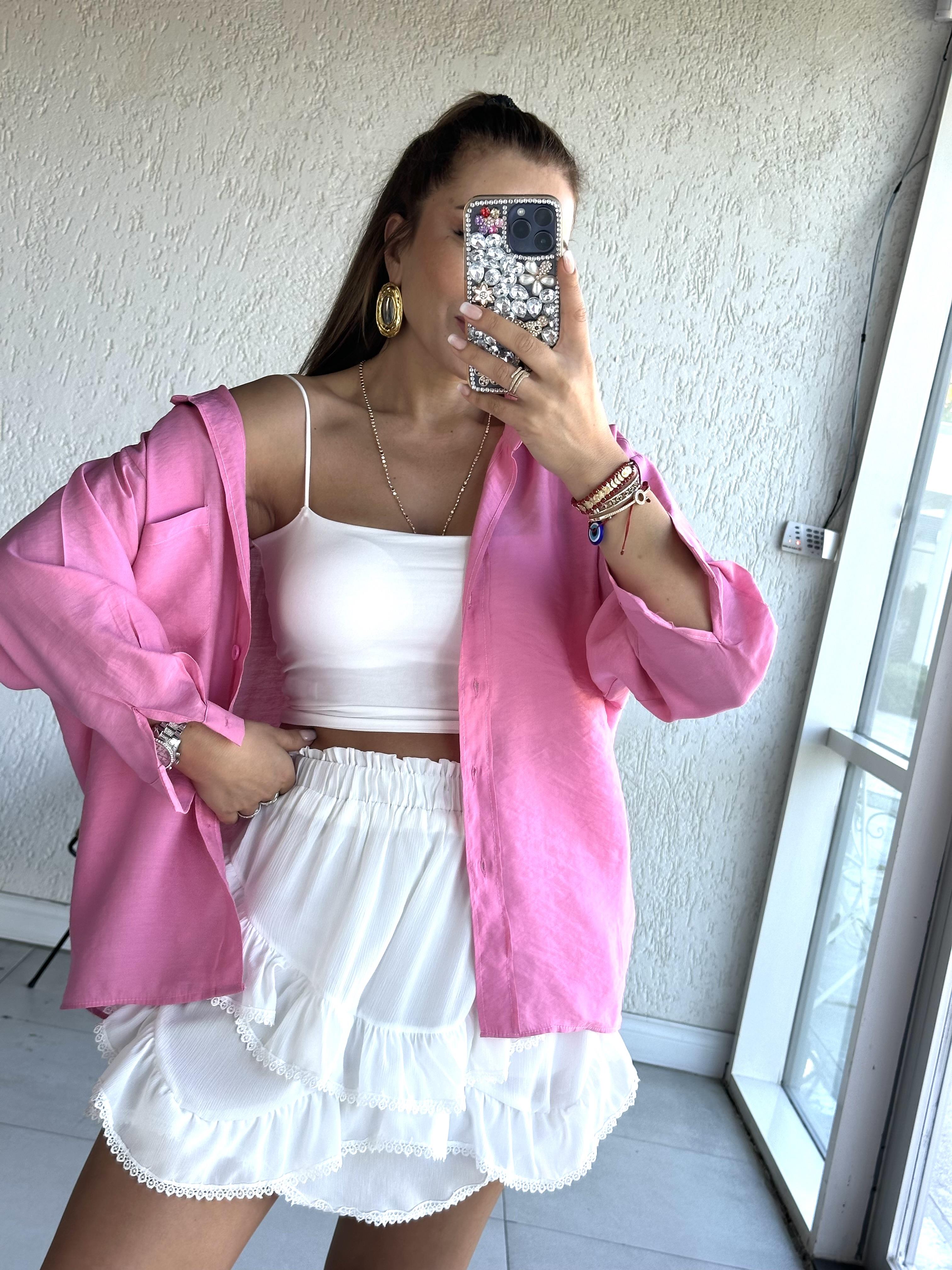 Pembe Oversize Düşük Omuz Gömlek