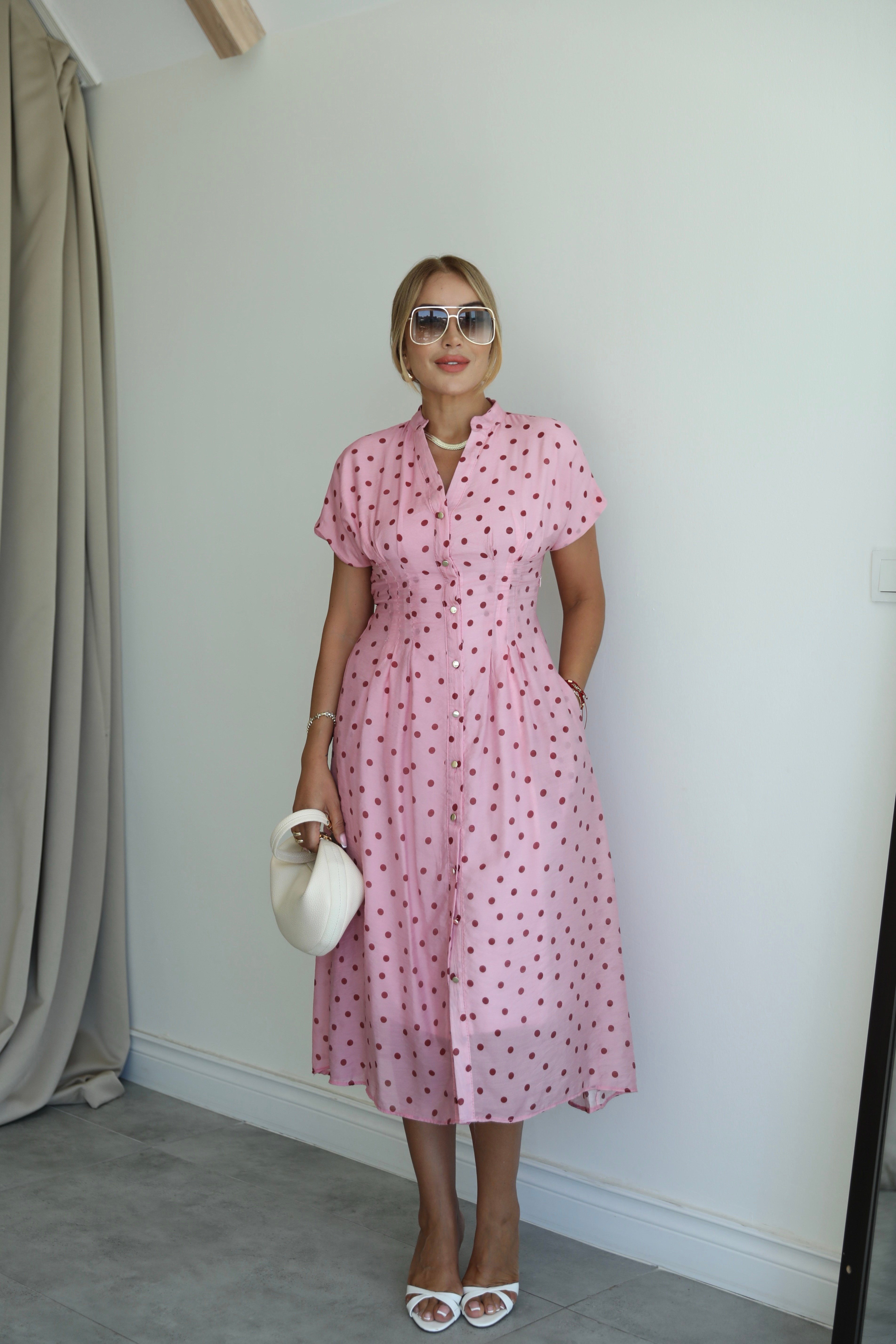 Pembe Puantiyeli Patlı Elbise
