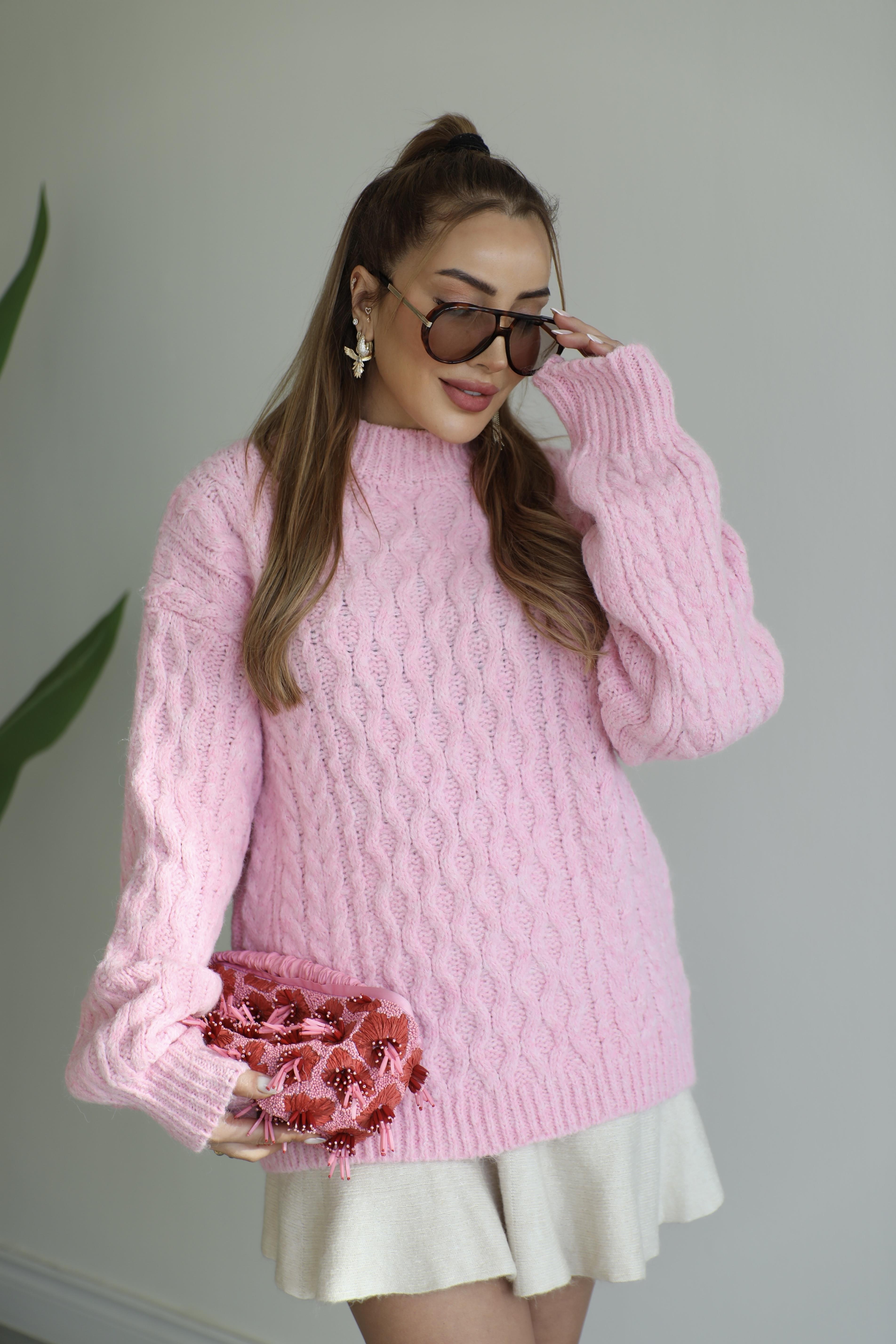 Pembe Saç Örgülü Oversize Kazak
