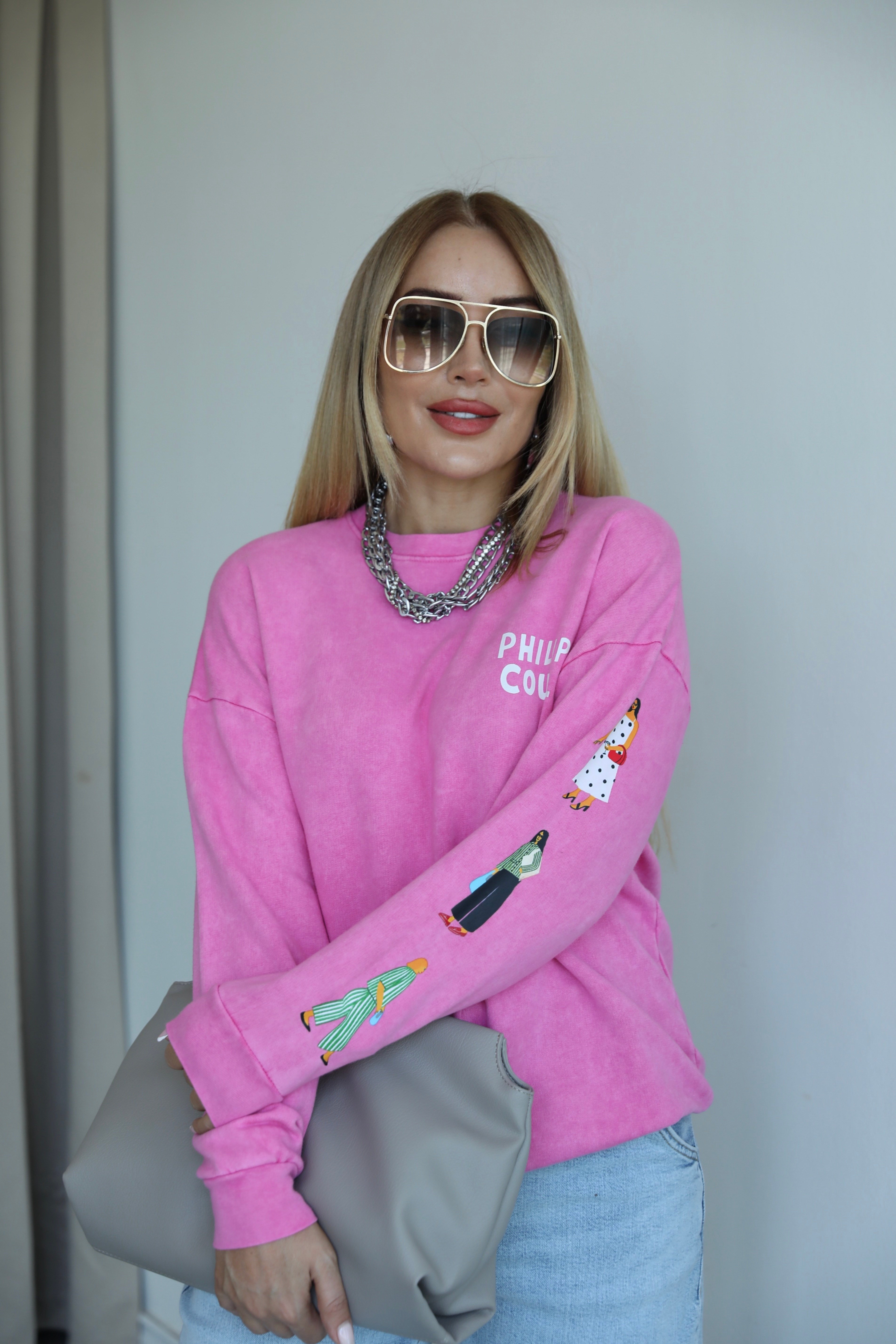 Pembe Sırt Baskılı Baskılı Sweat
