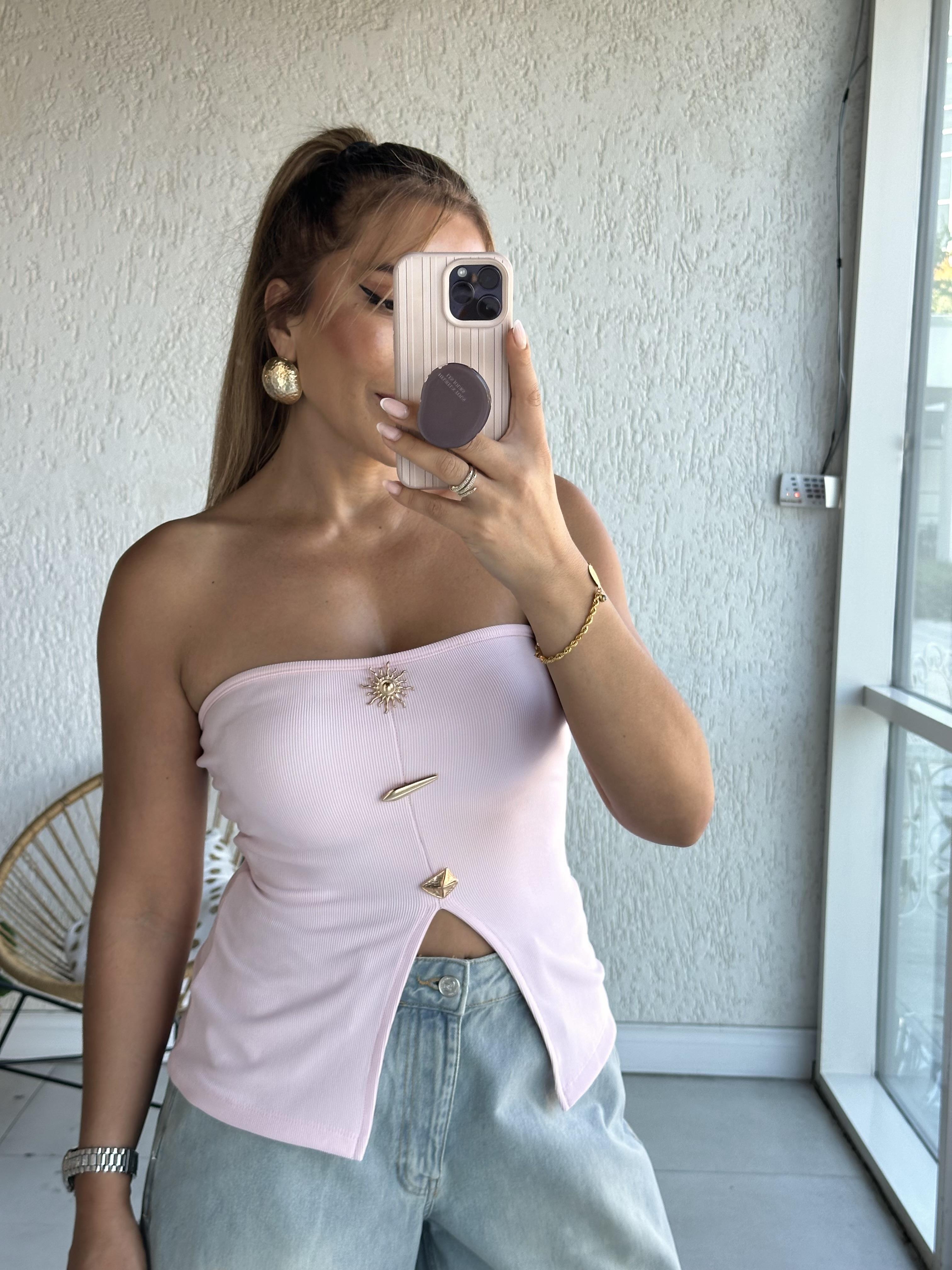Pembe Straplez Ottoman Gold Düğmeli Bluz