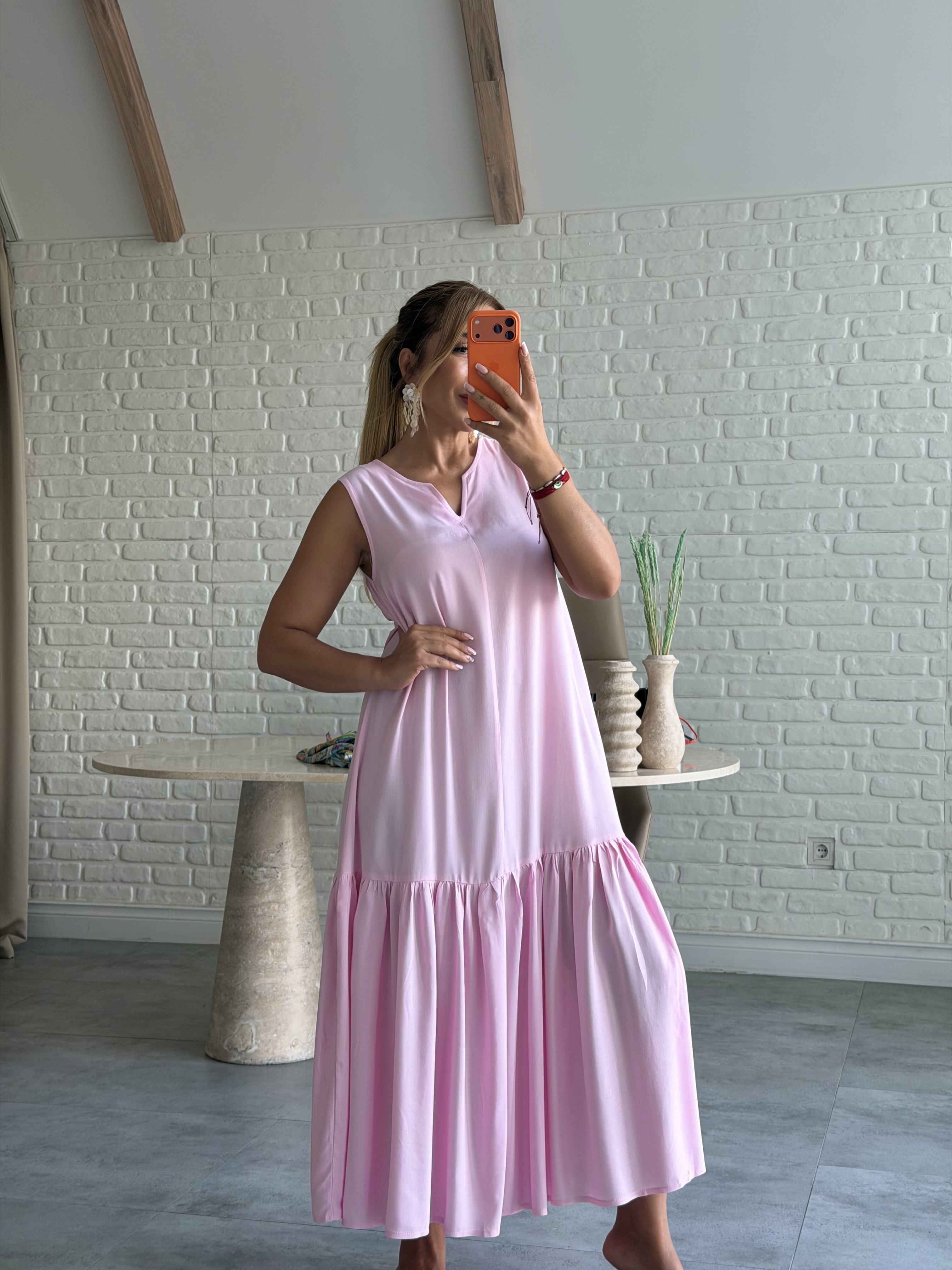 Pembe V Yaka Şal Detaylı Elbise 