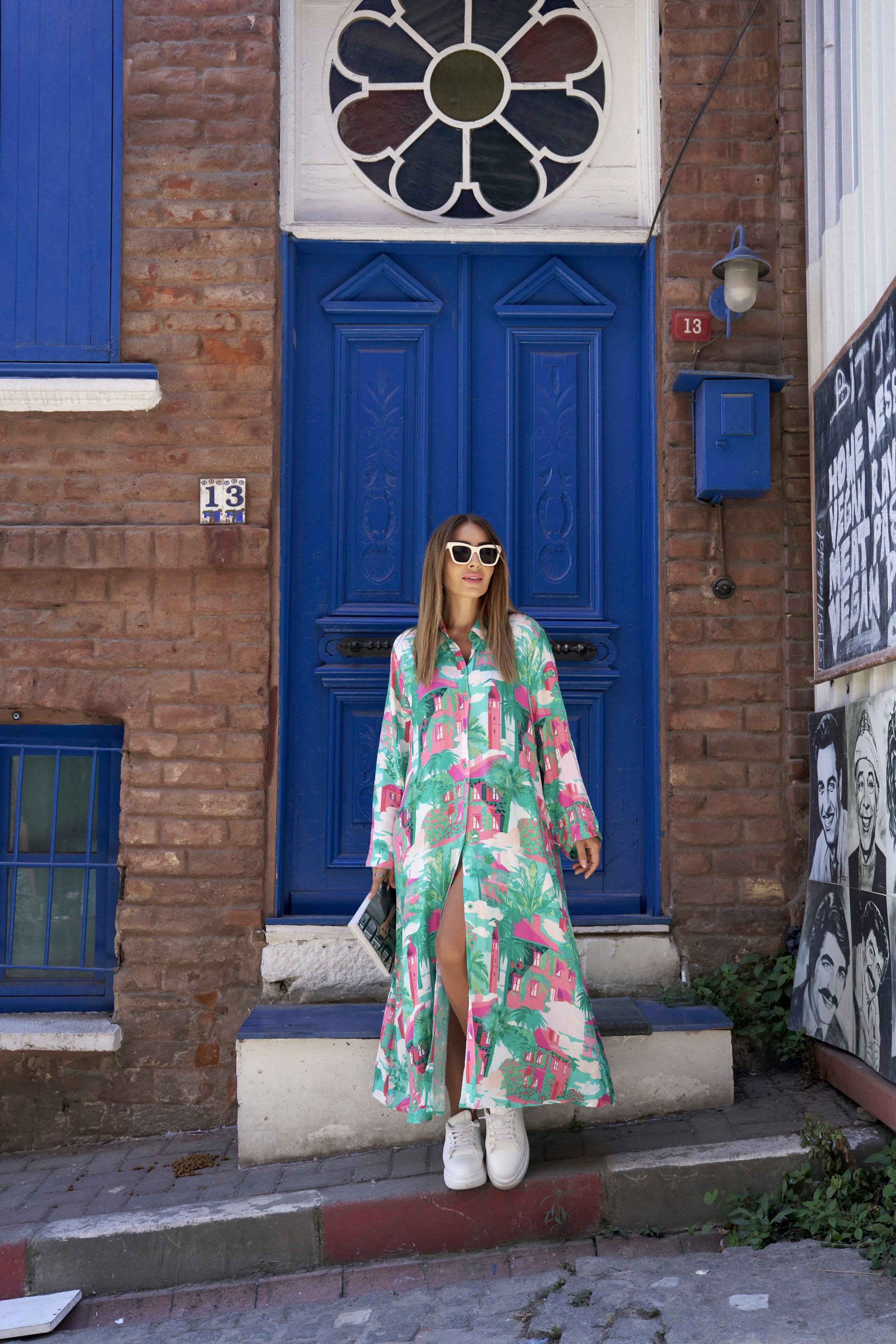 Renkli Desenli Cepli Gömlek Elbise