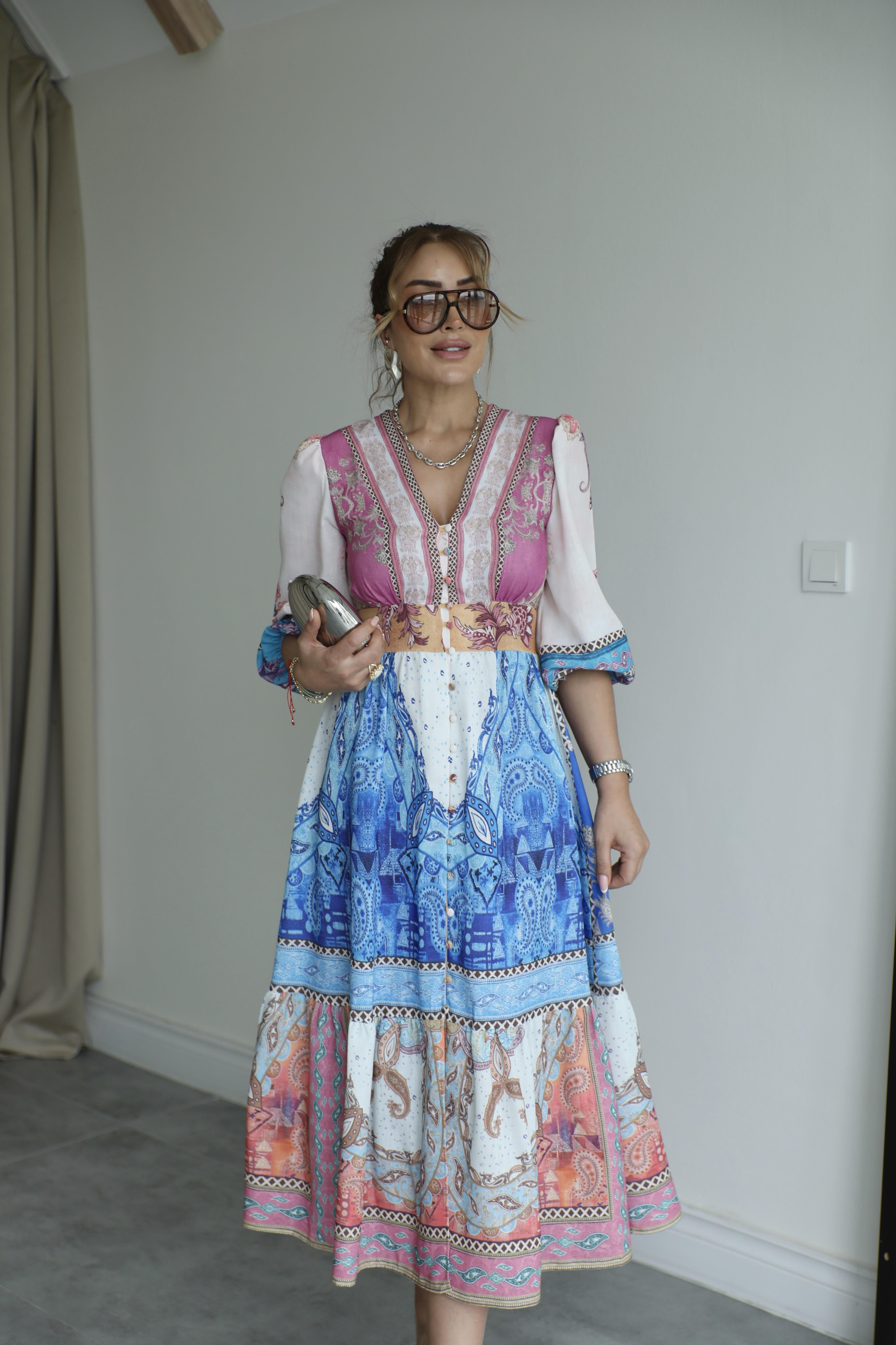 Renkli Etnik Brit Düğmeli Elbise