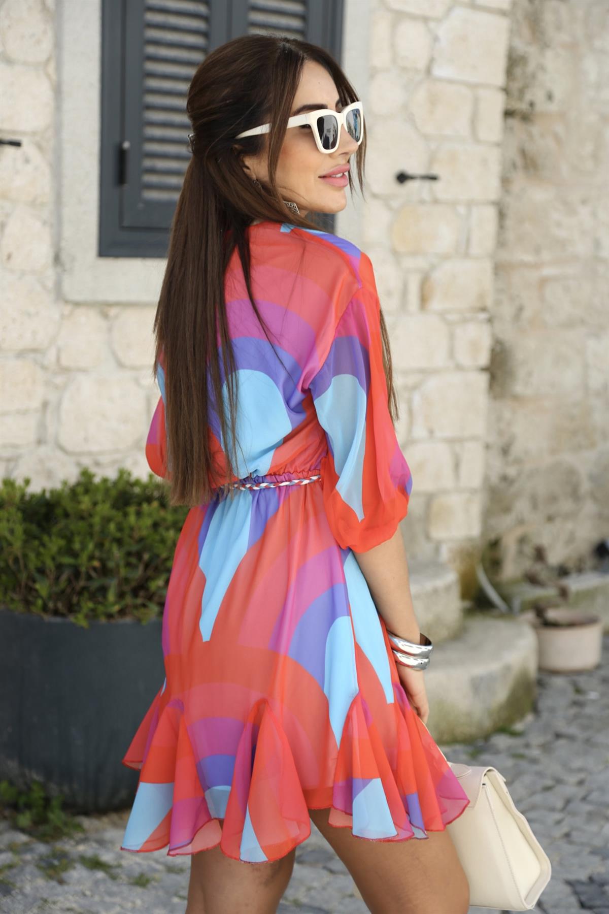 Renkli Volanlı Kuşaklı Elbise