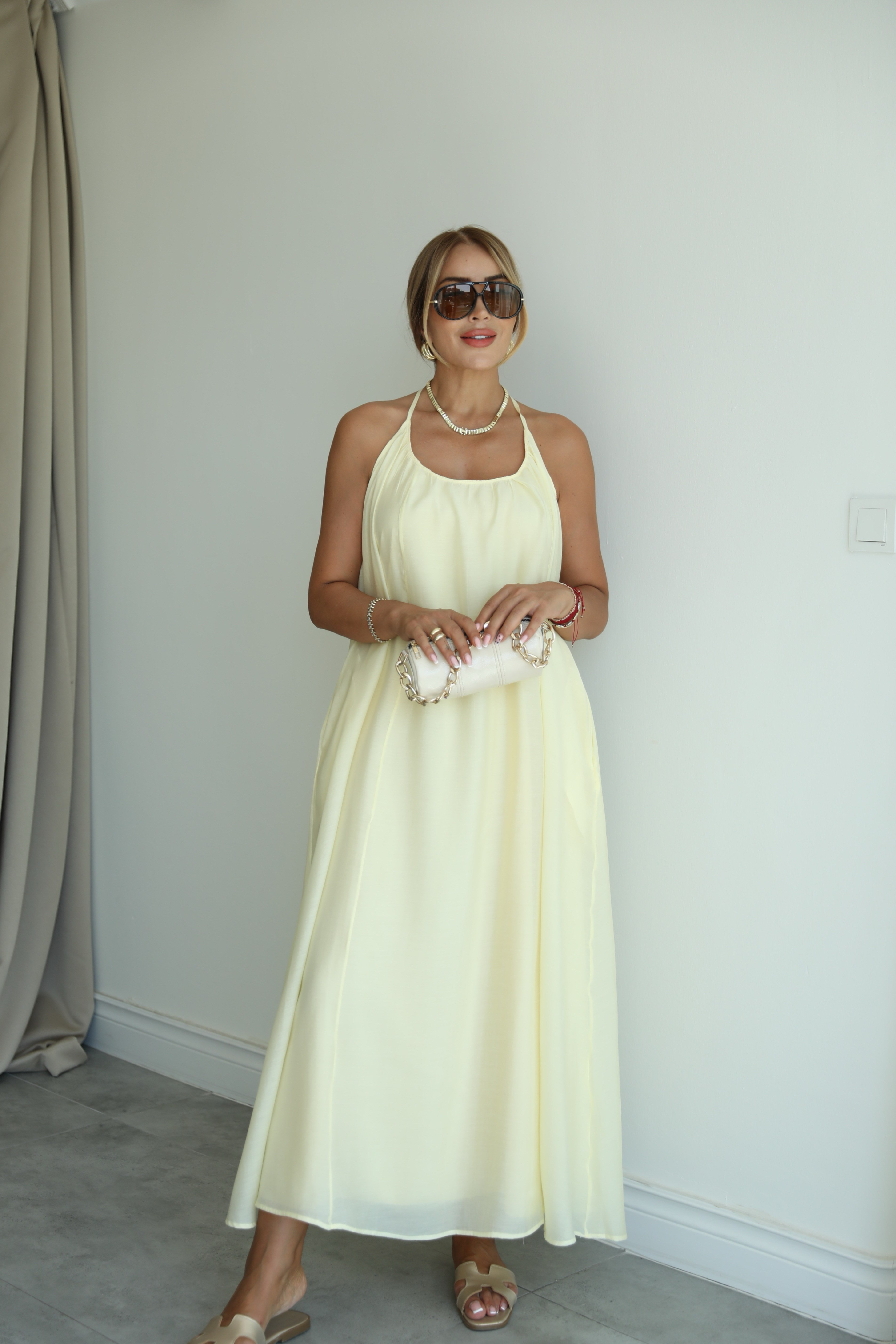 Sarı Çapraz Askılı Maxi Elbise 