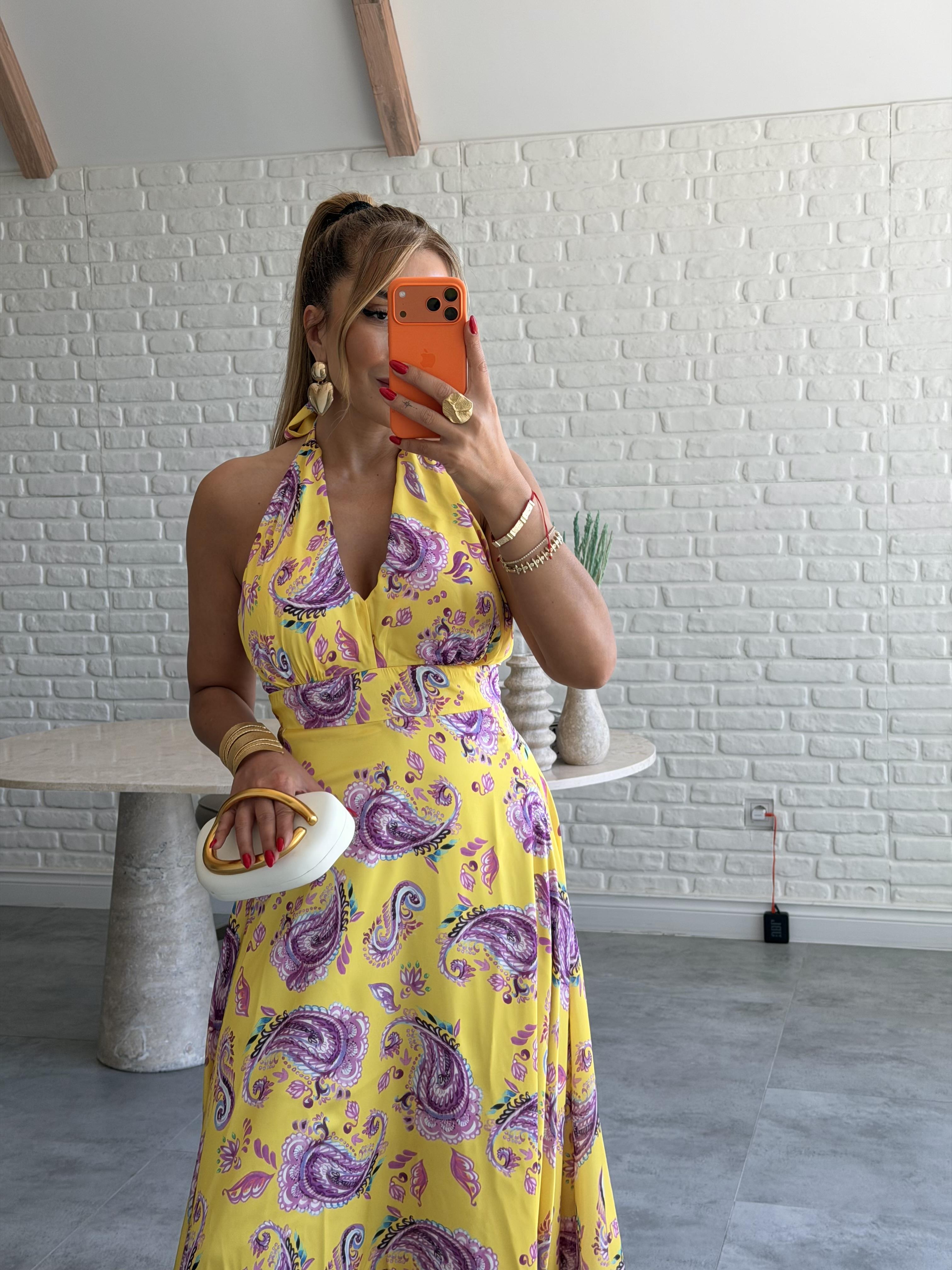 Sarı Çiçek Desenli Balenli Dekolteli Elbise