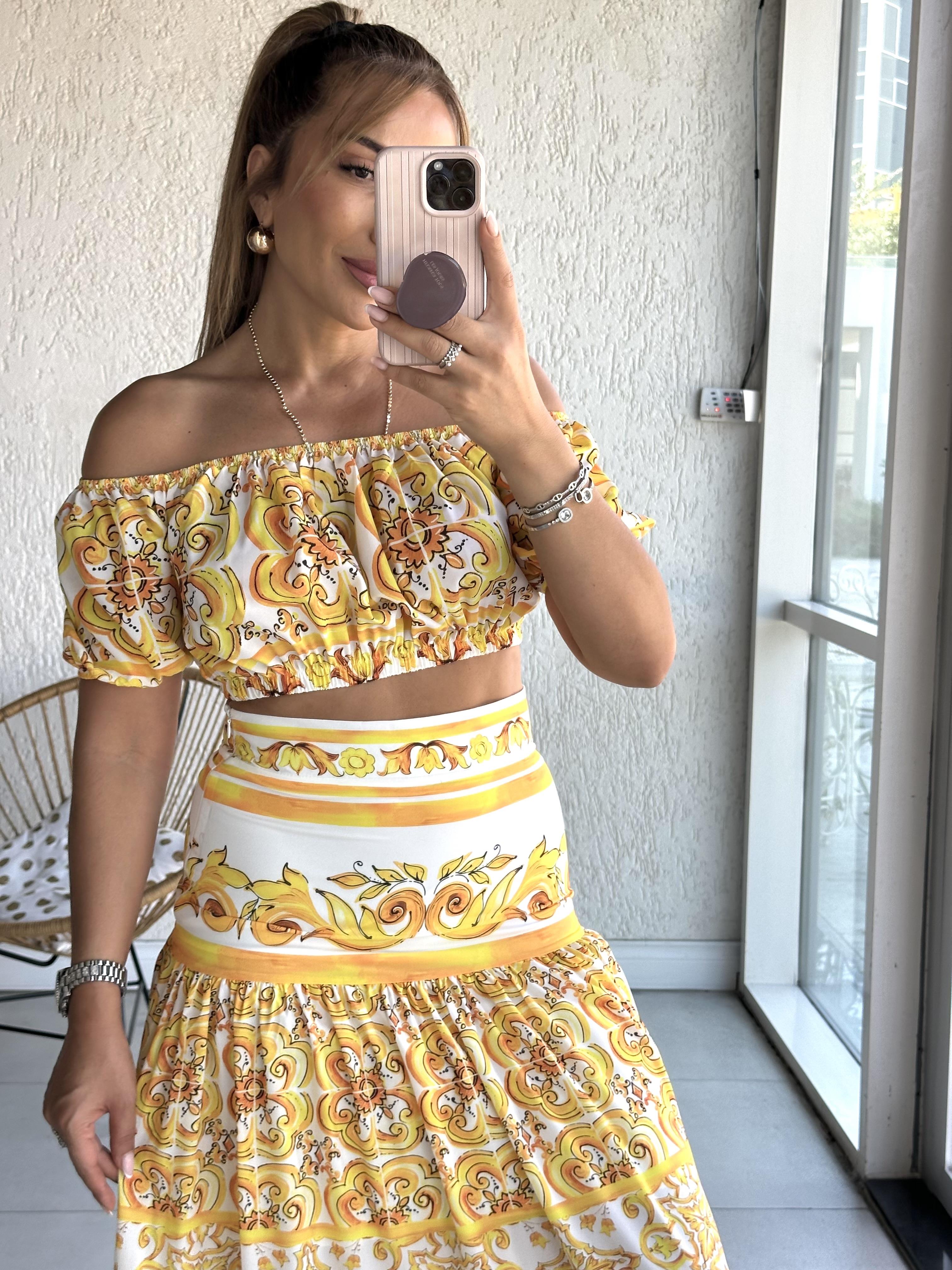 Sarı Çiçekli Bluz Etek Takım