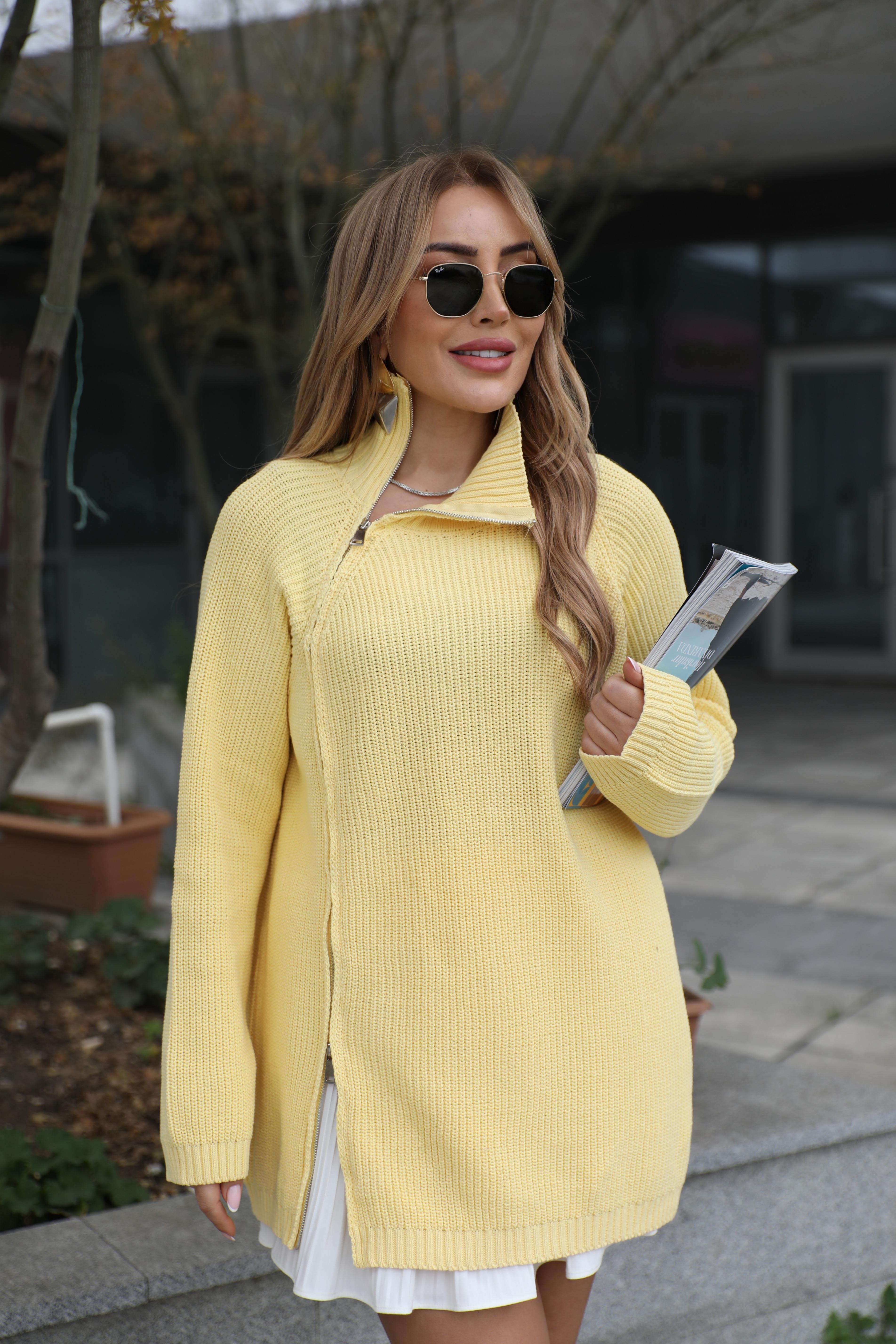 Sarı Fermuarlı Dokulu Kazak