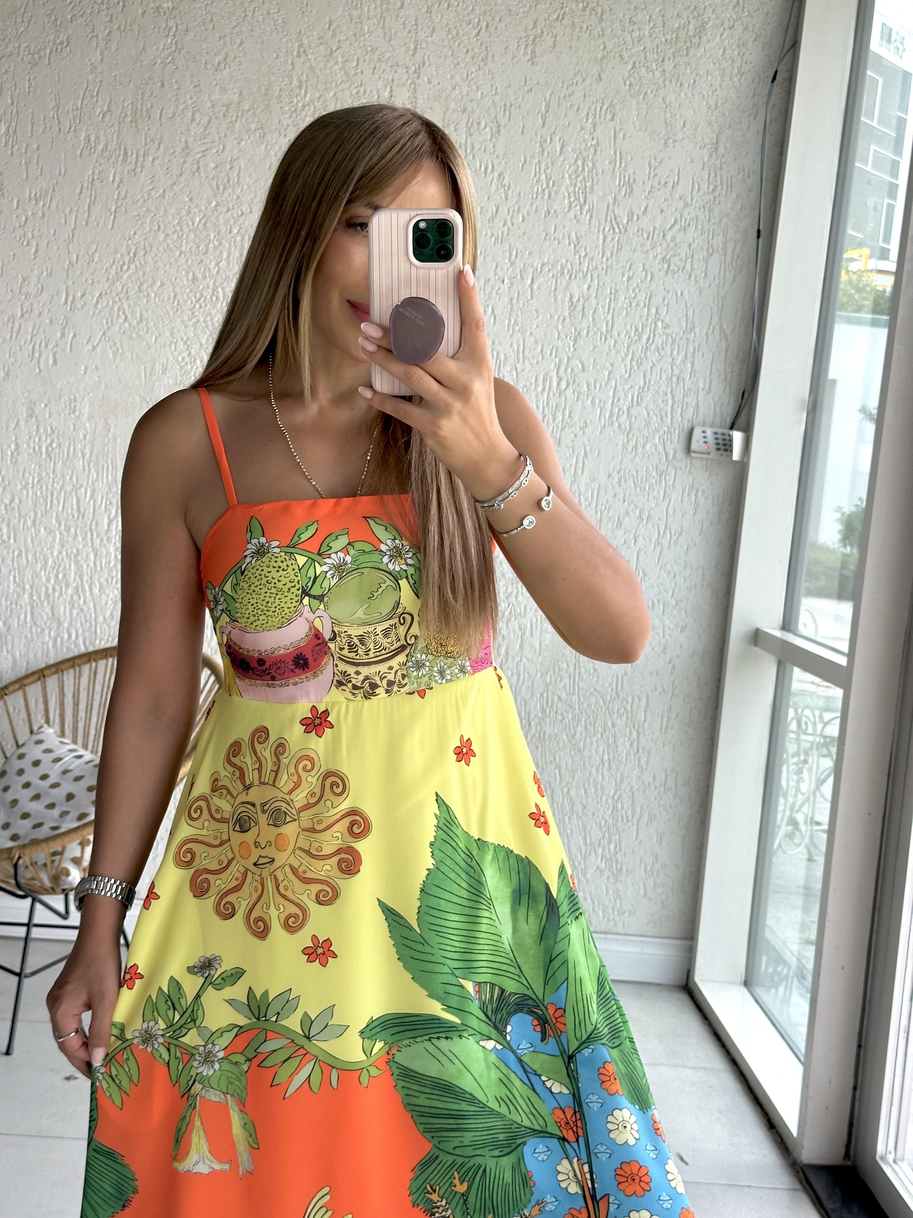 Sarı Güneş Desenli Maxi Elbise