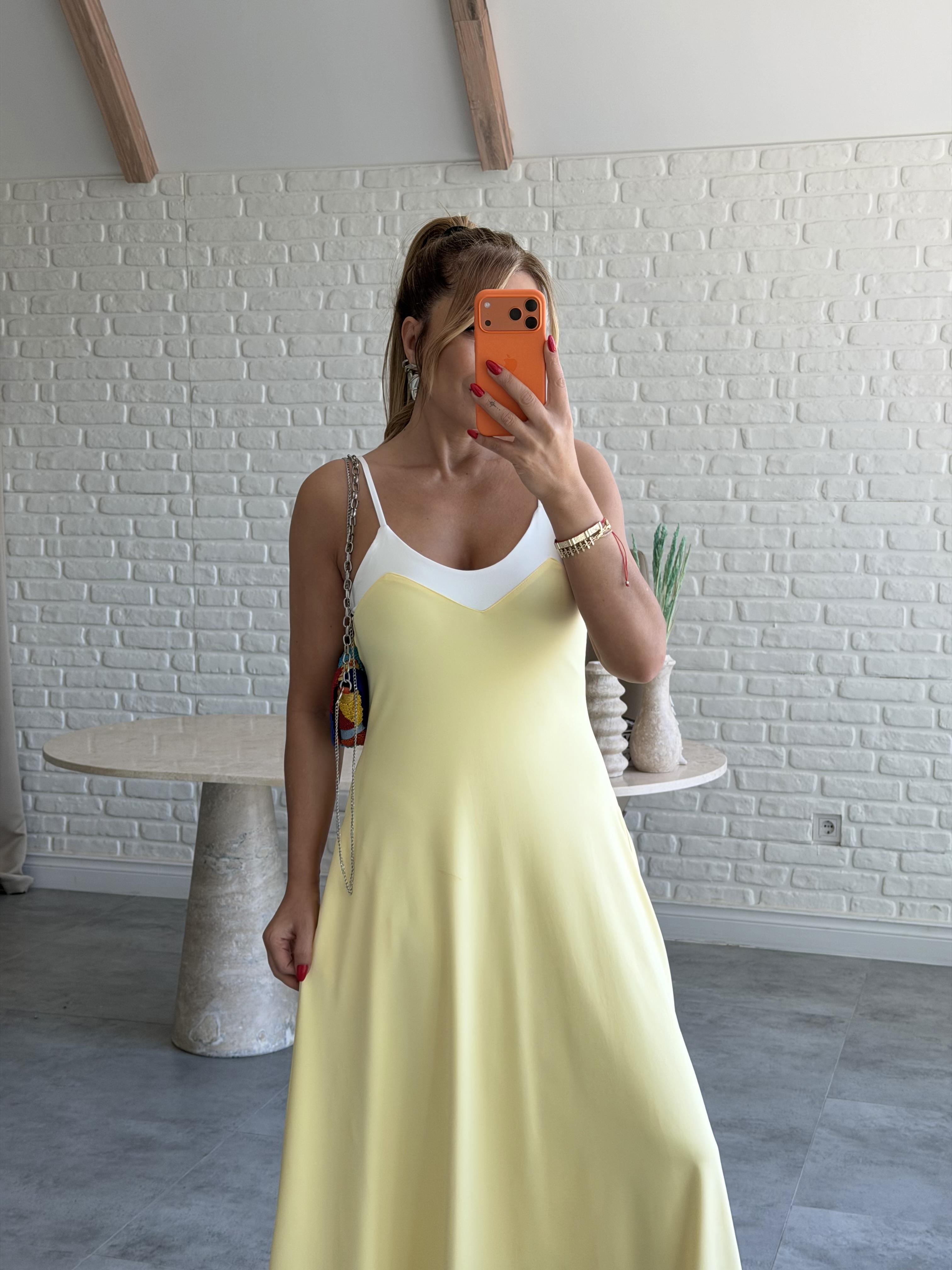 Sarı İnce Askılı Biyeli Çan Elbise