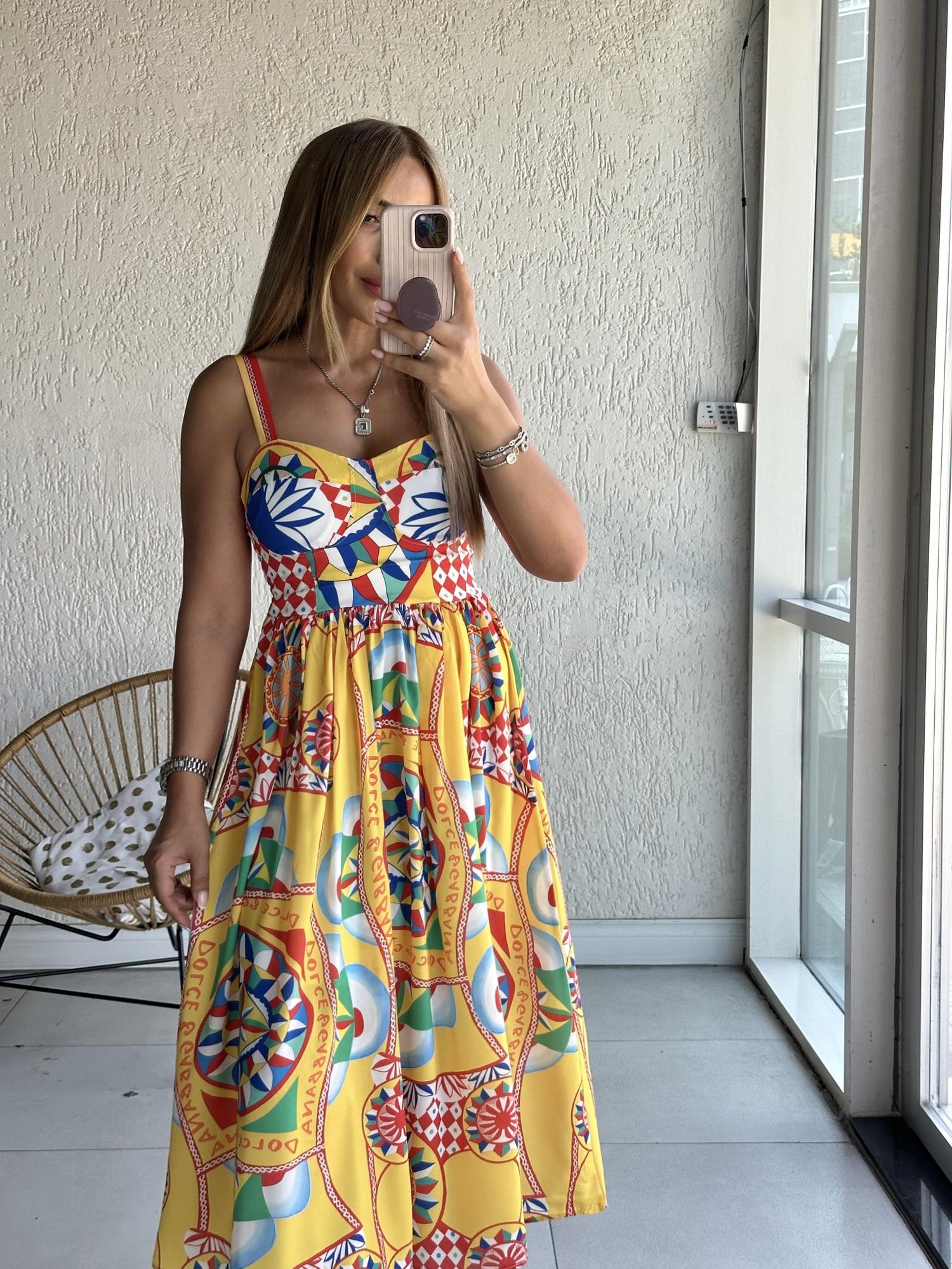 Sarı Karışık Desenli Askılı Elbise