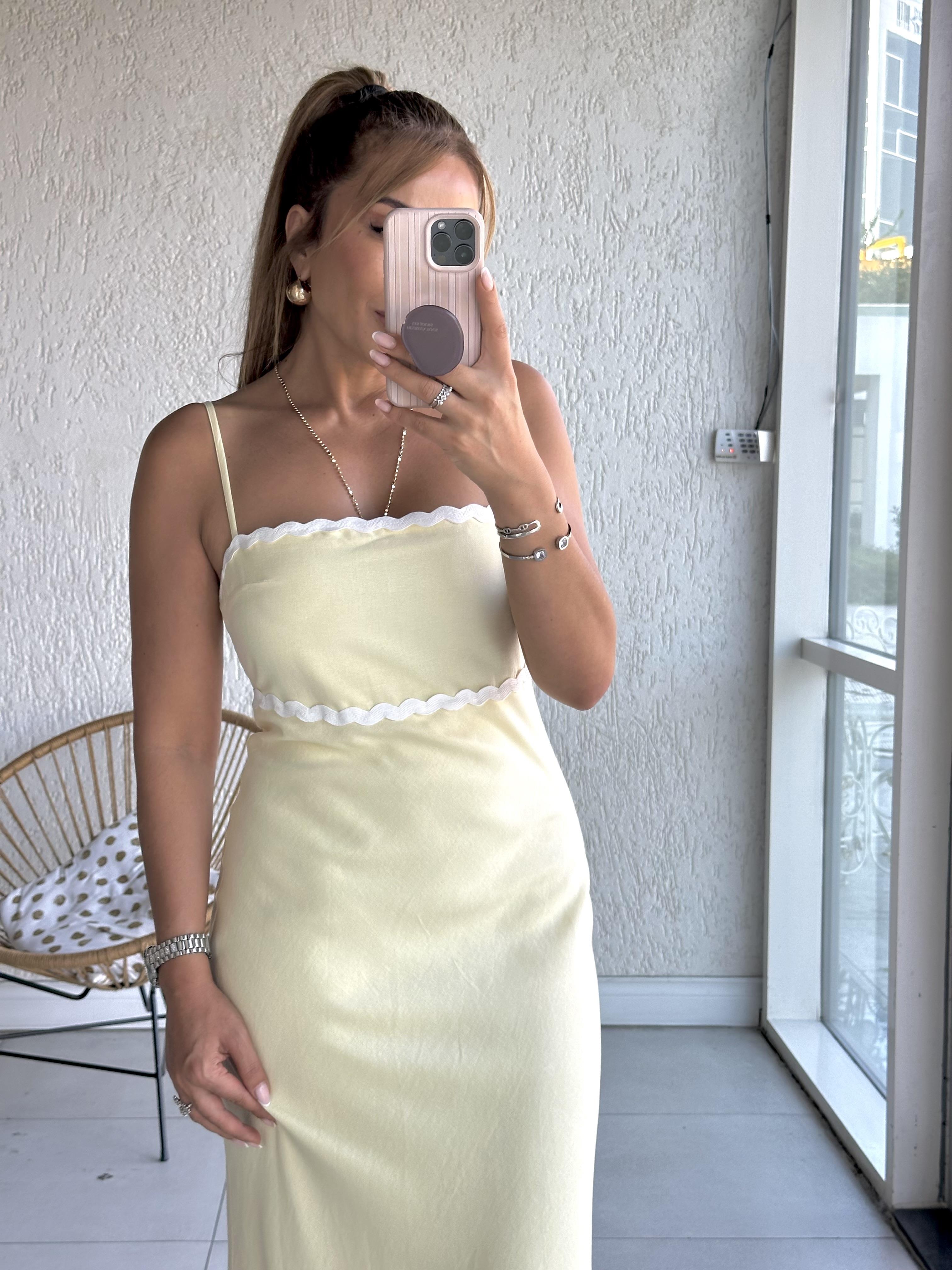 Sarı Keten İnce Askılı Elbise