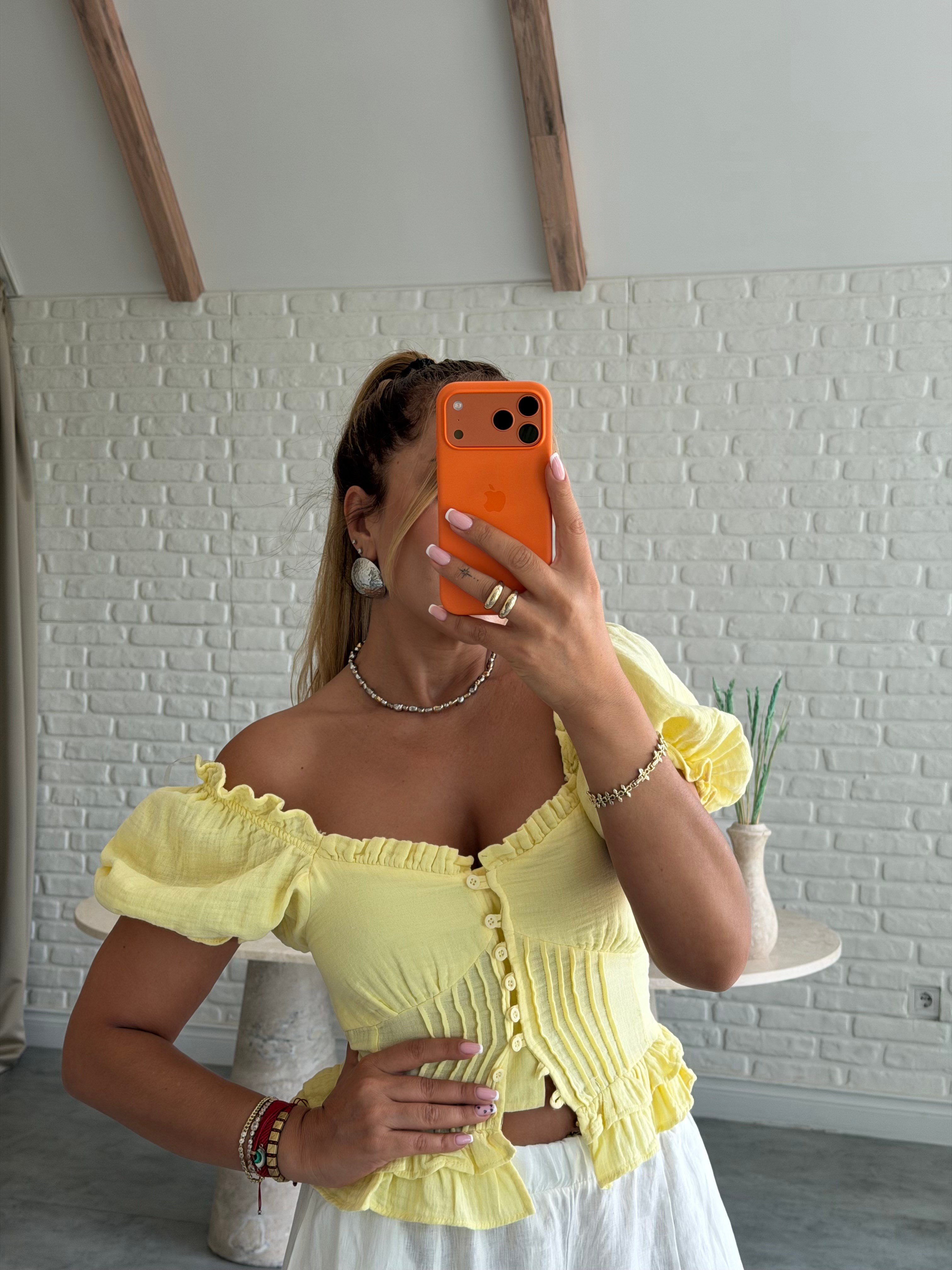 Sarı Müslin Balon Kol Bluz