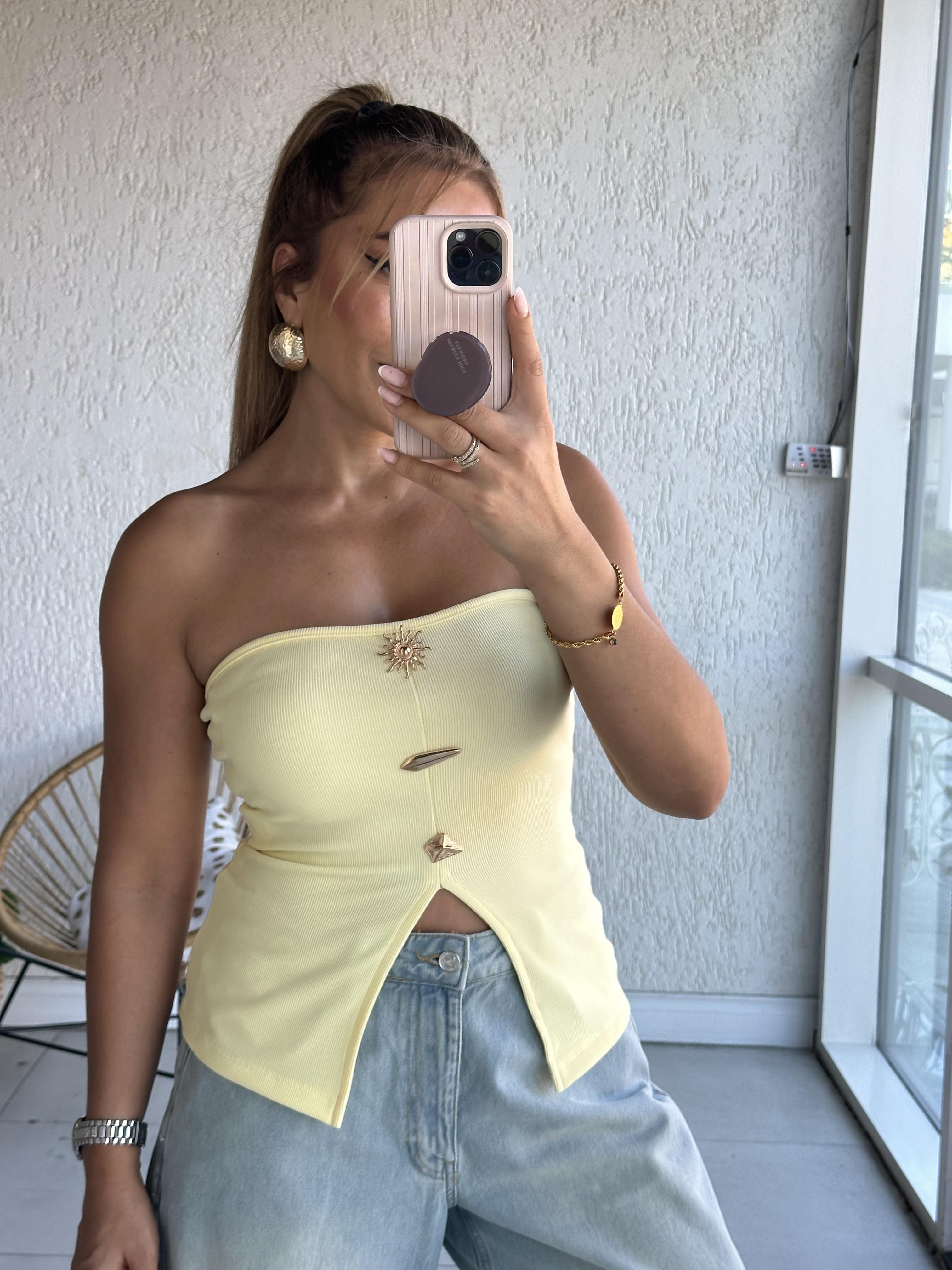 Sarı Straplez Ottoman Gold Düğmeli Bluz