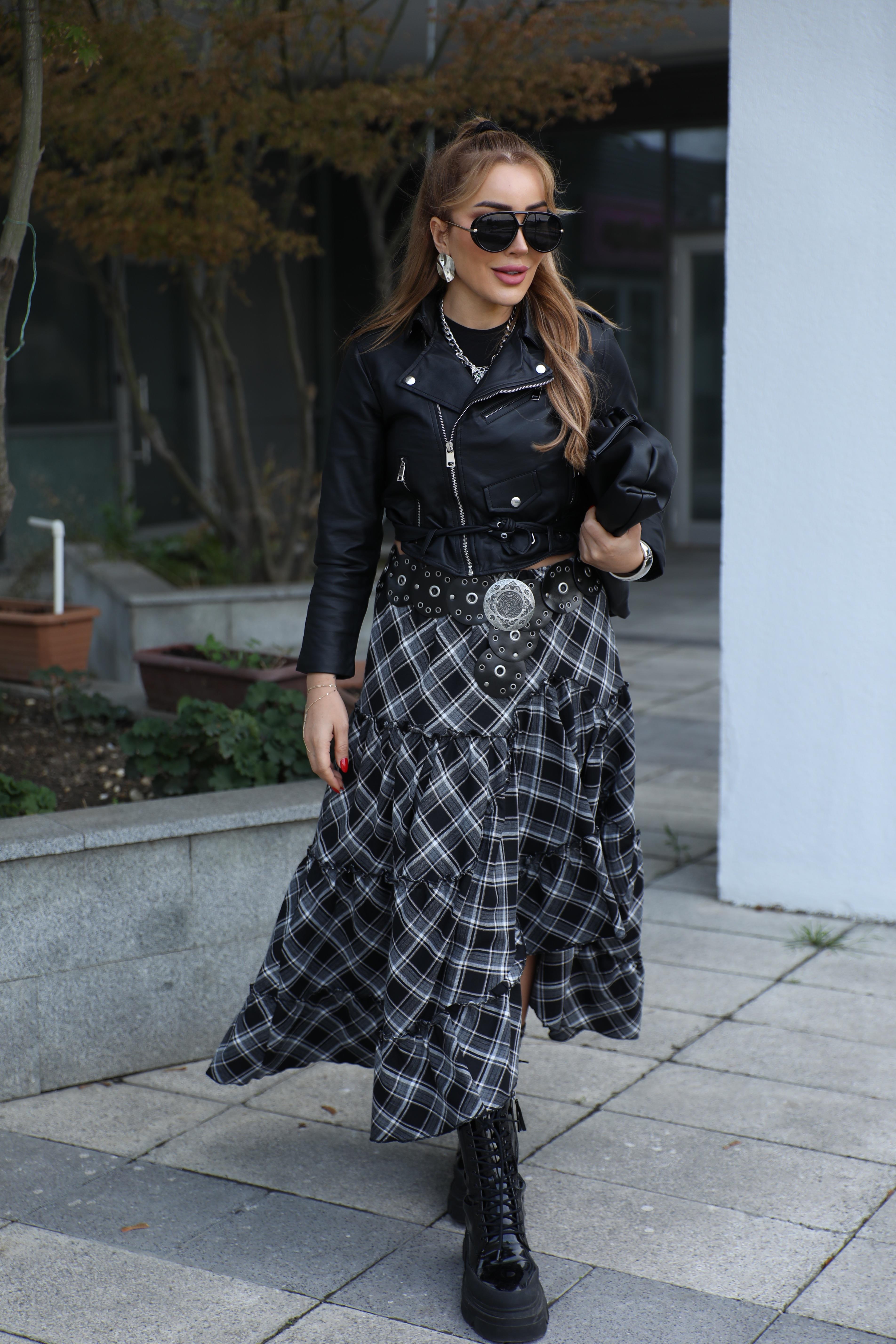 Siyah Antrasit Ekoseli Asimetrik Etek