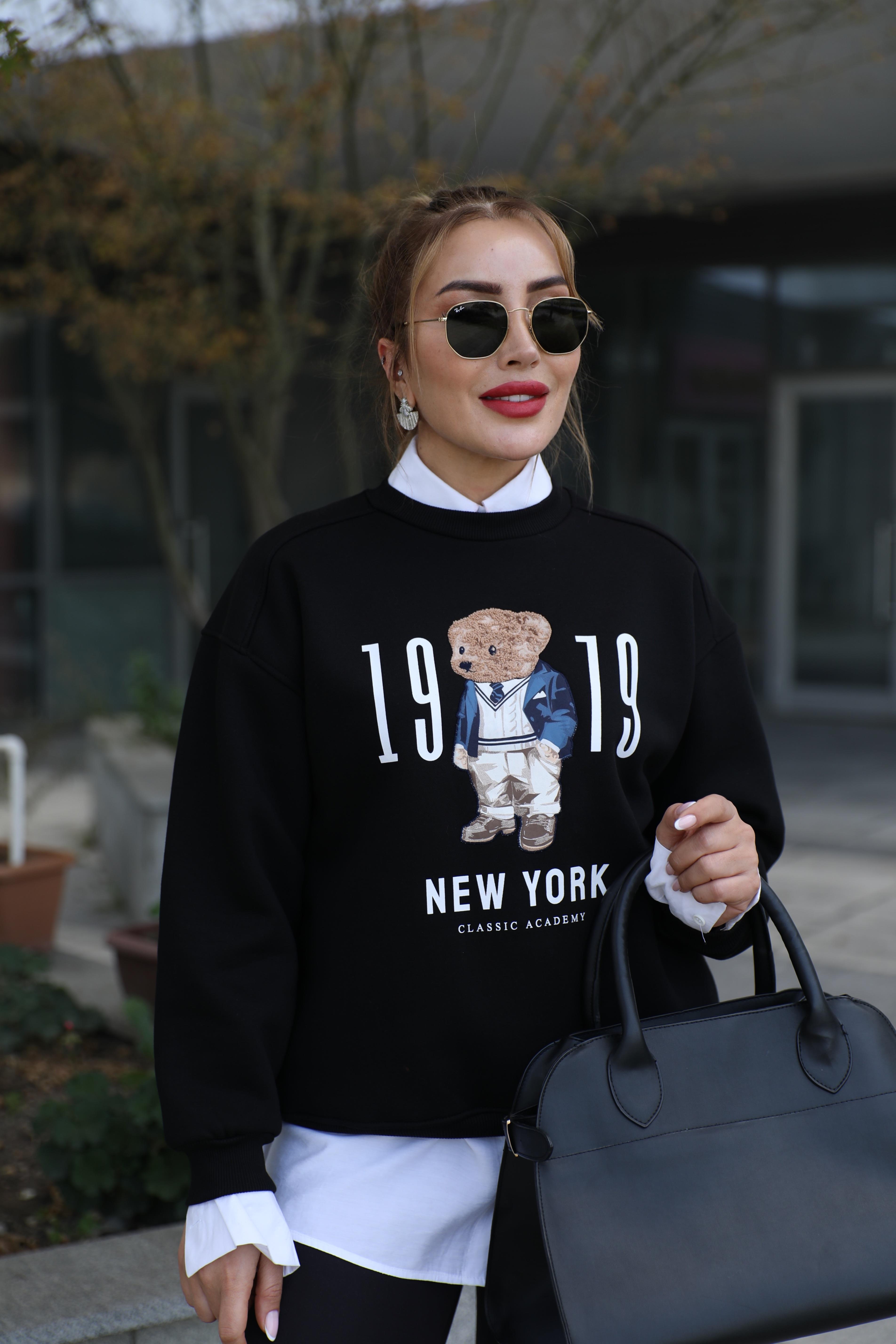 Siyah Ayıcık Nakışlı Sweat