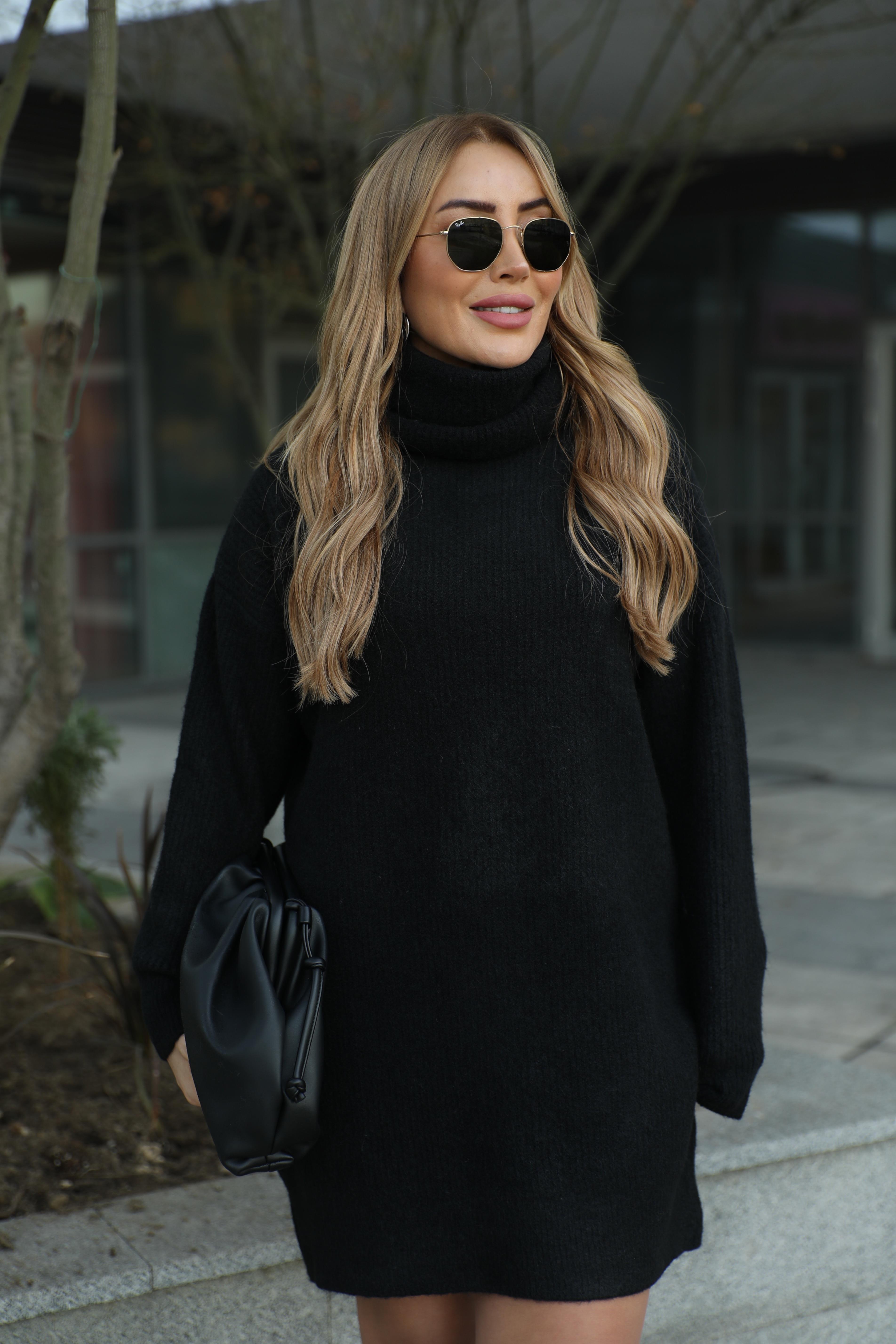 Siyah Balıkçı Dokulu Elbise 