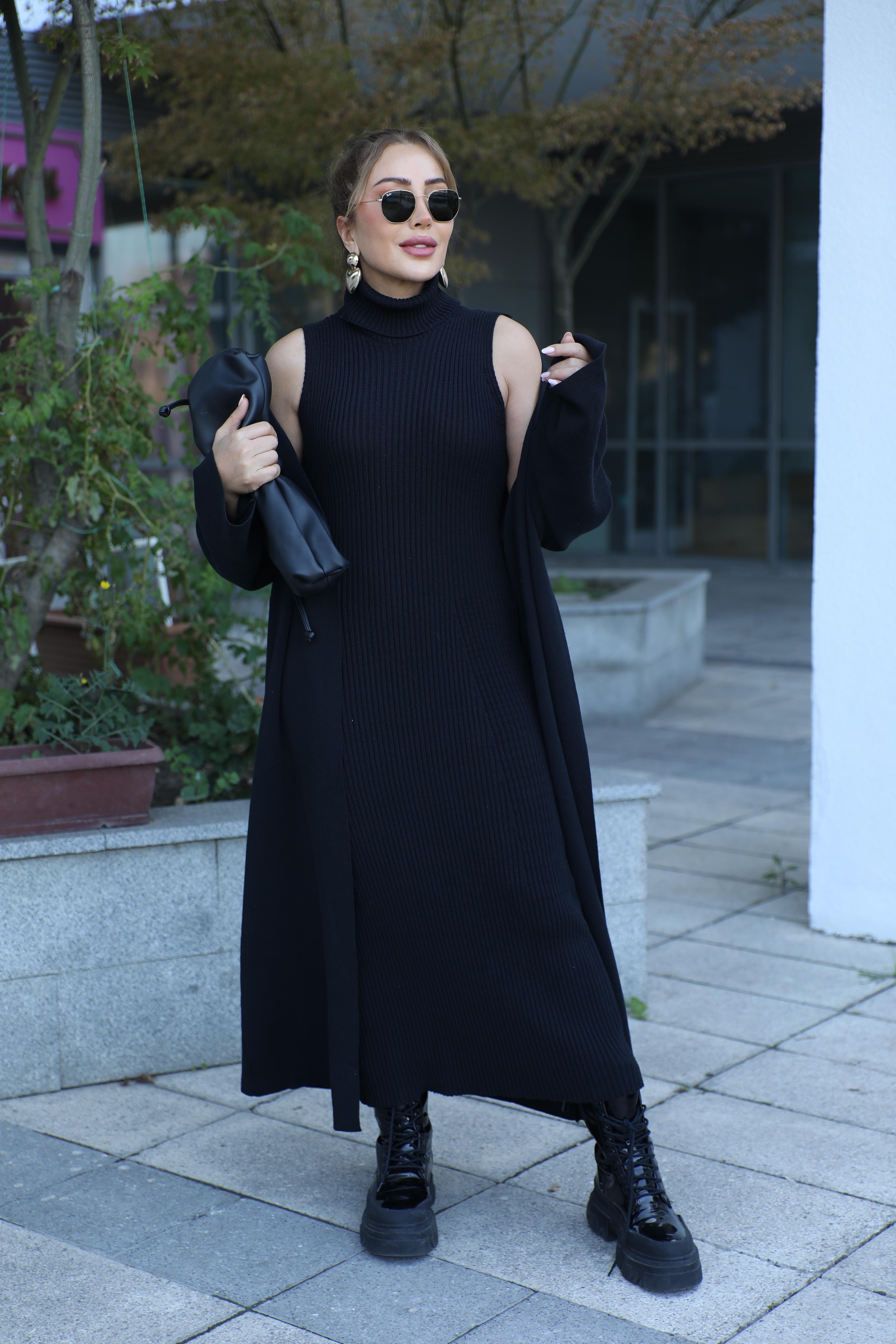 Siyah Balıkçı Triko Hırkalı Elbise