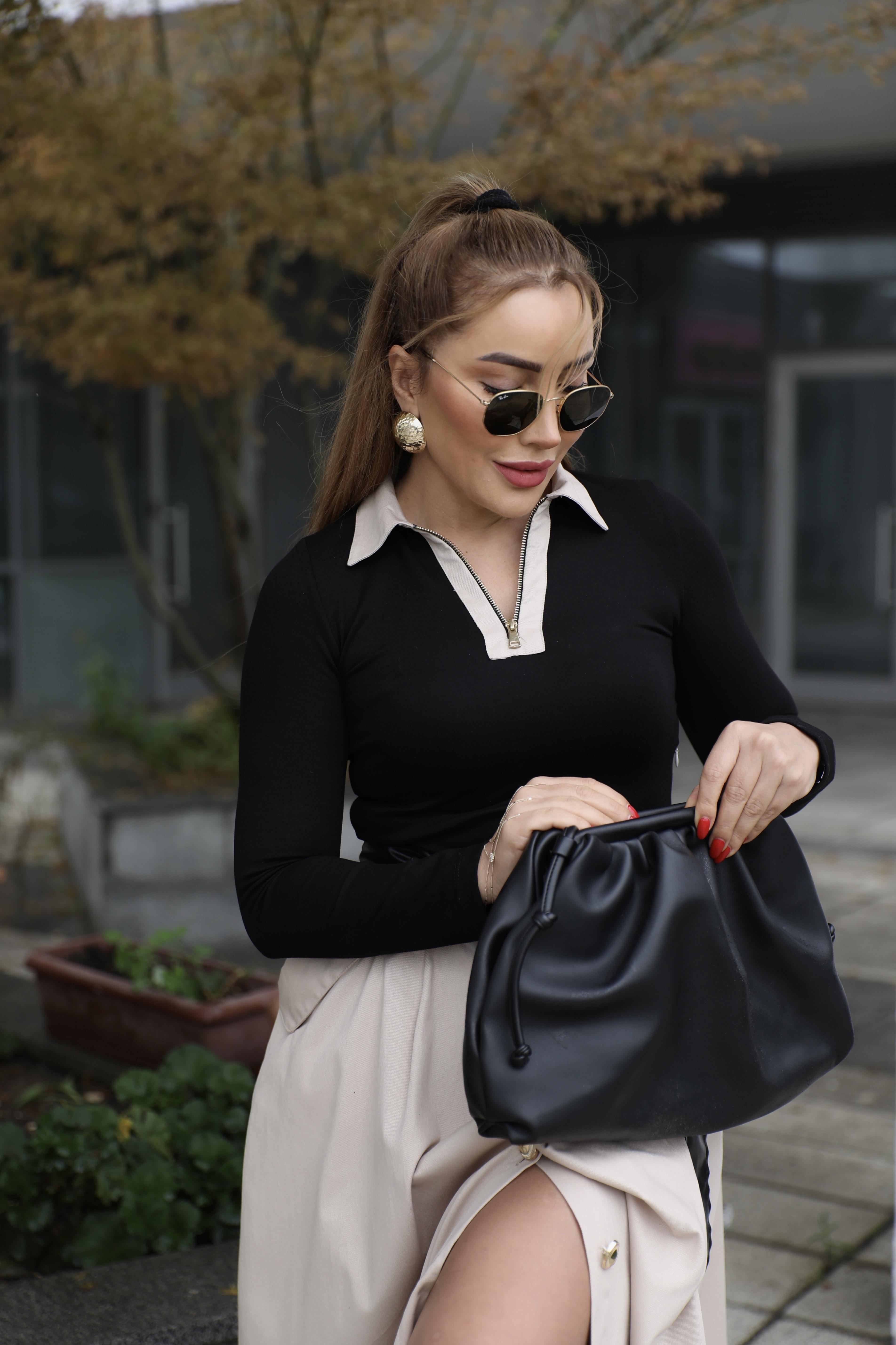 Siyah Bej Kemerli Elbise 