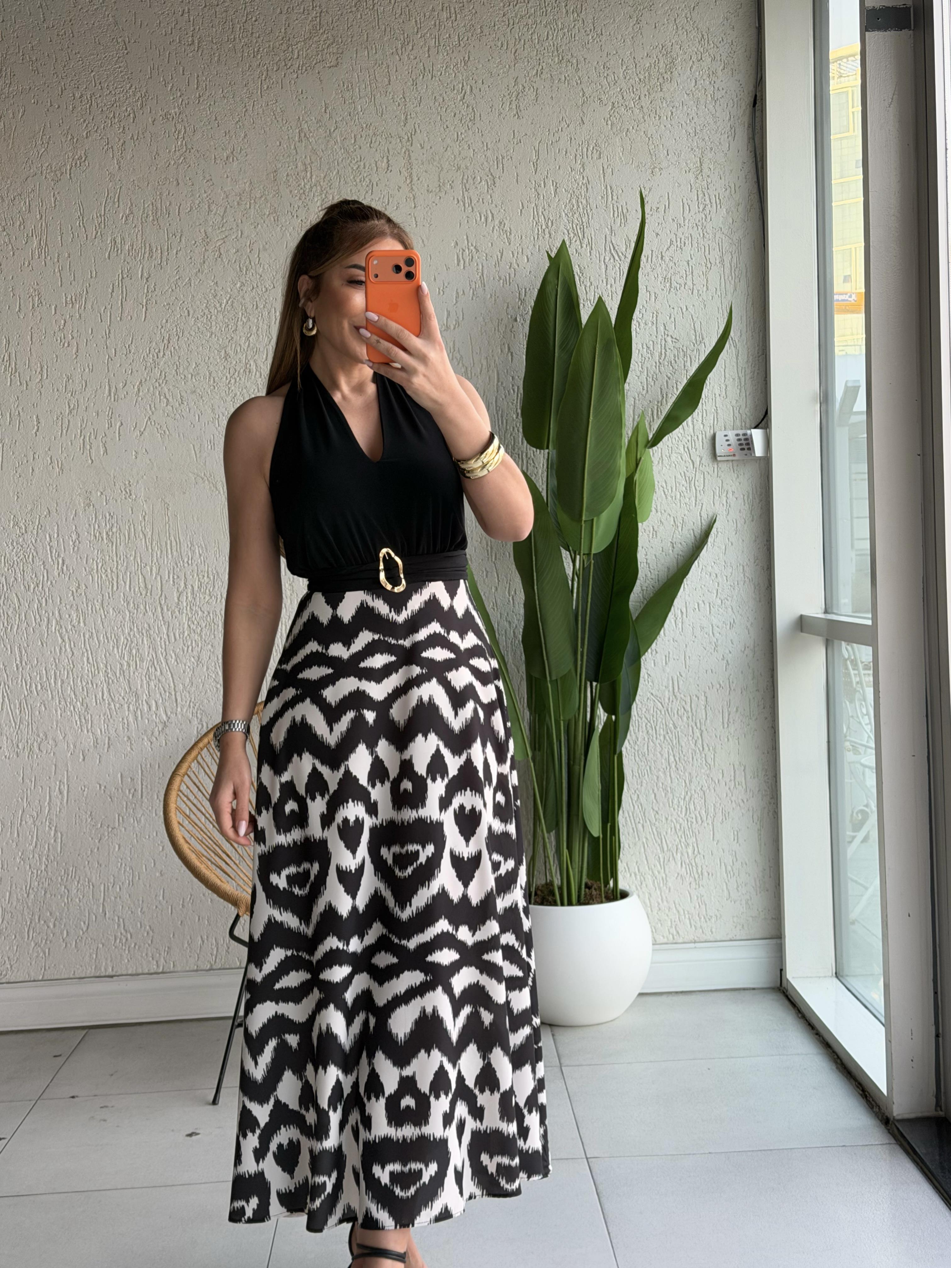 Siyah Beyaz Bağlamalı Çan Elbise 