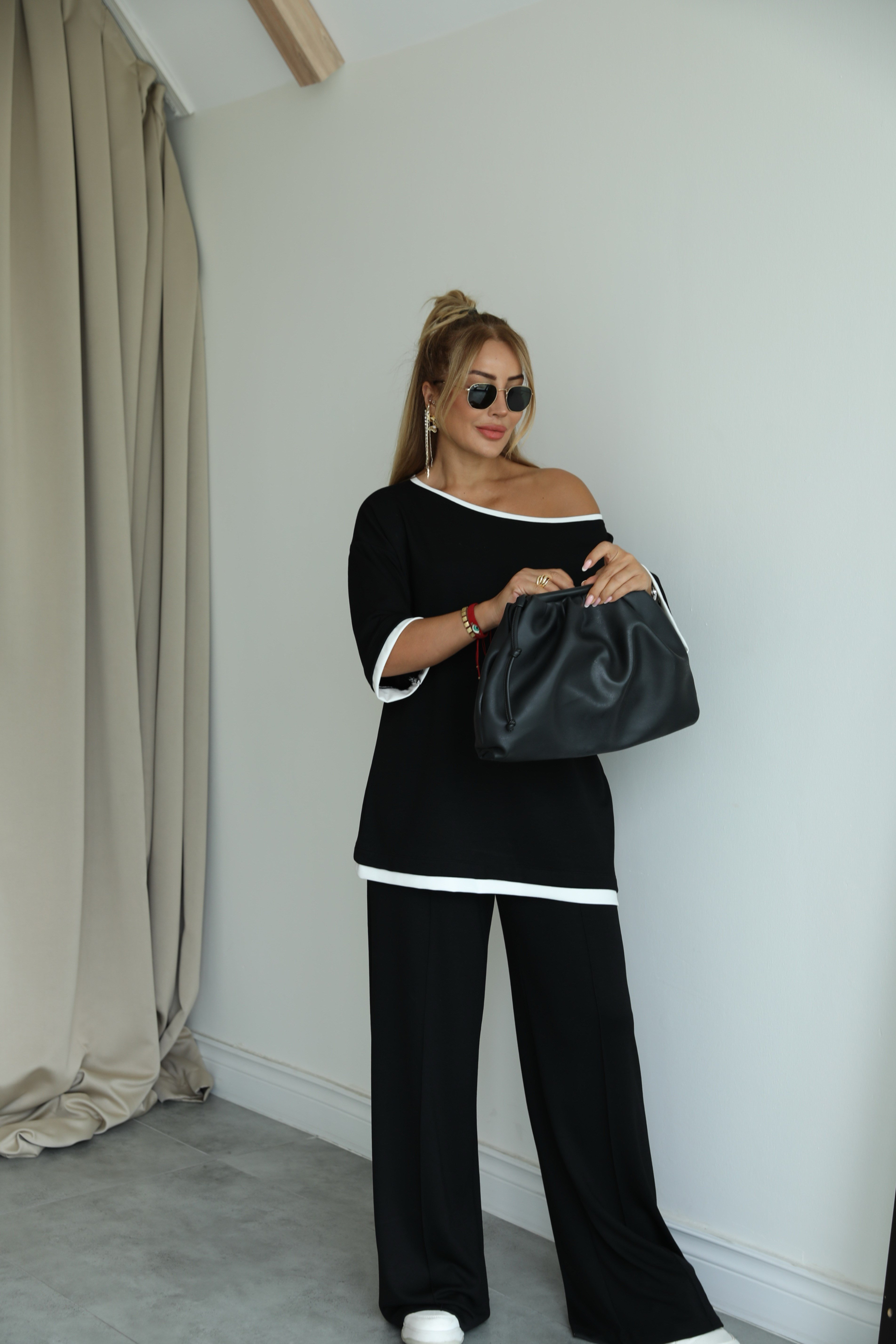 Siyah Beyaz Biyeli Oversize Takım 