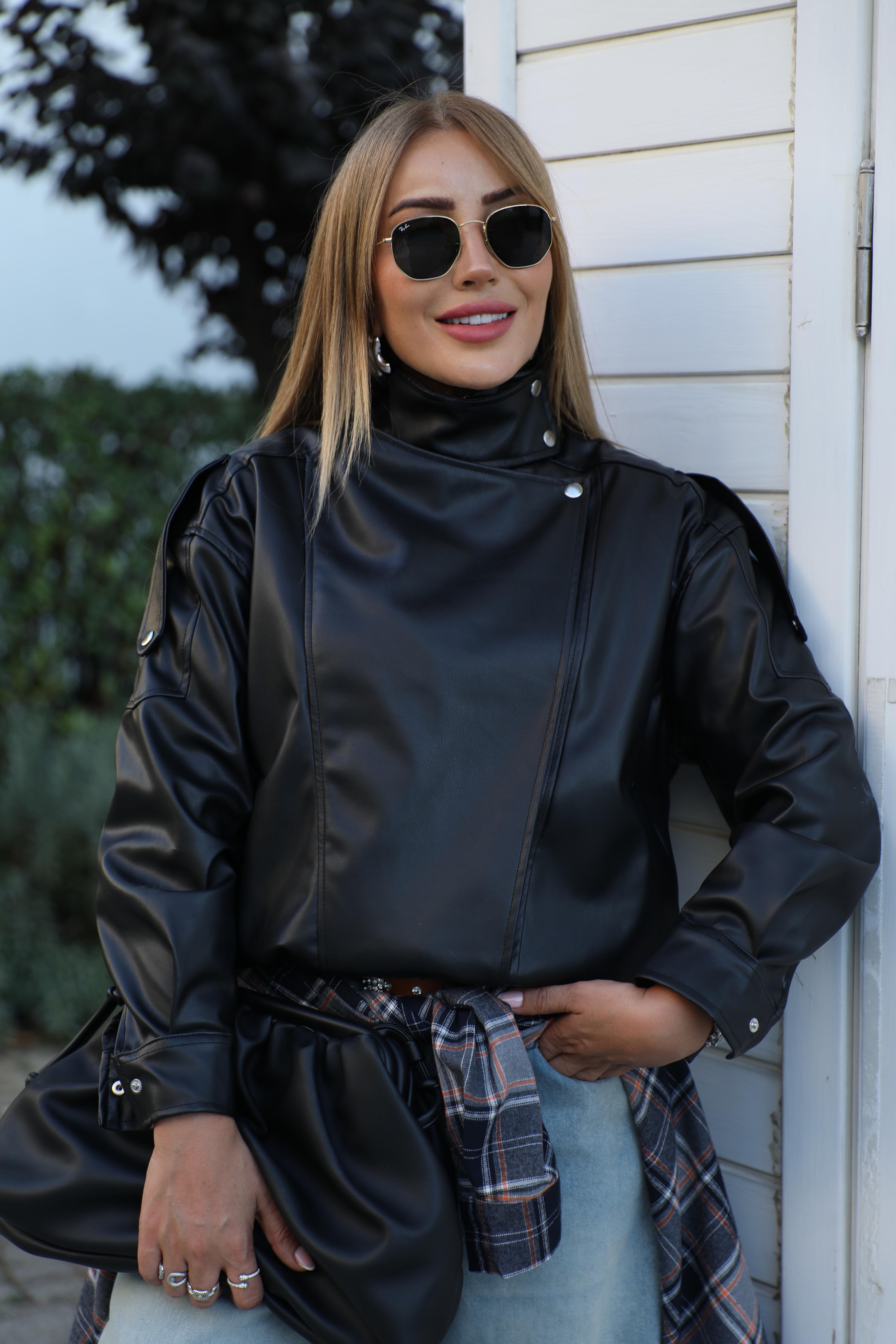 Siyah Bomber Tasarım Deri Ceket