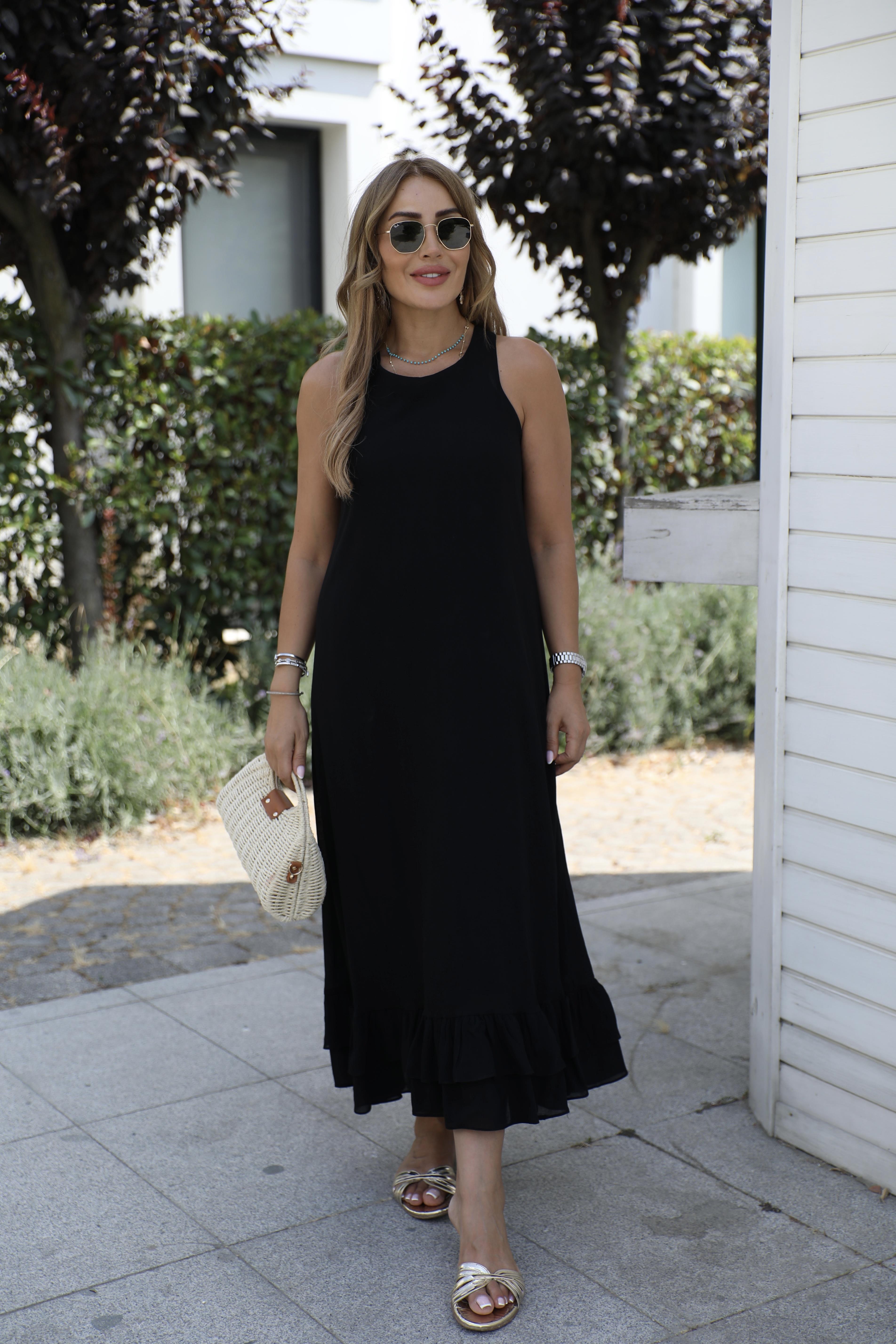 Siyah Çapraz Askılı Volanlı Elbise