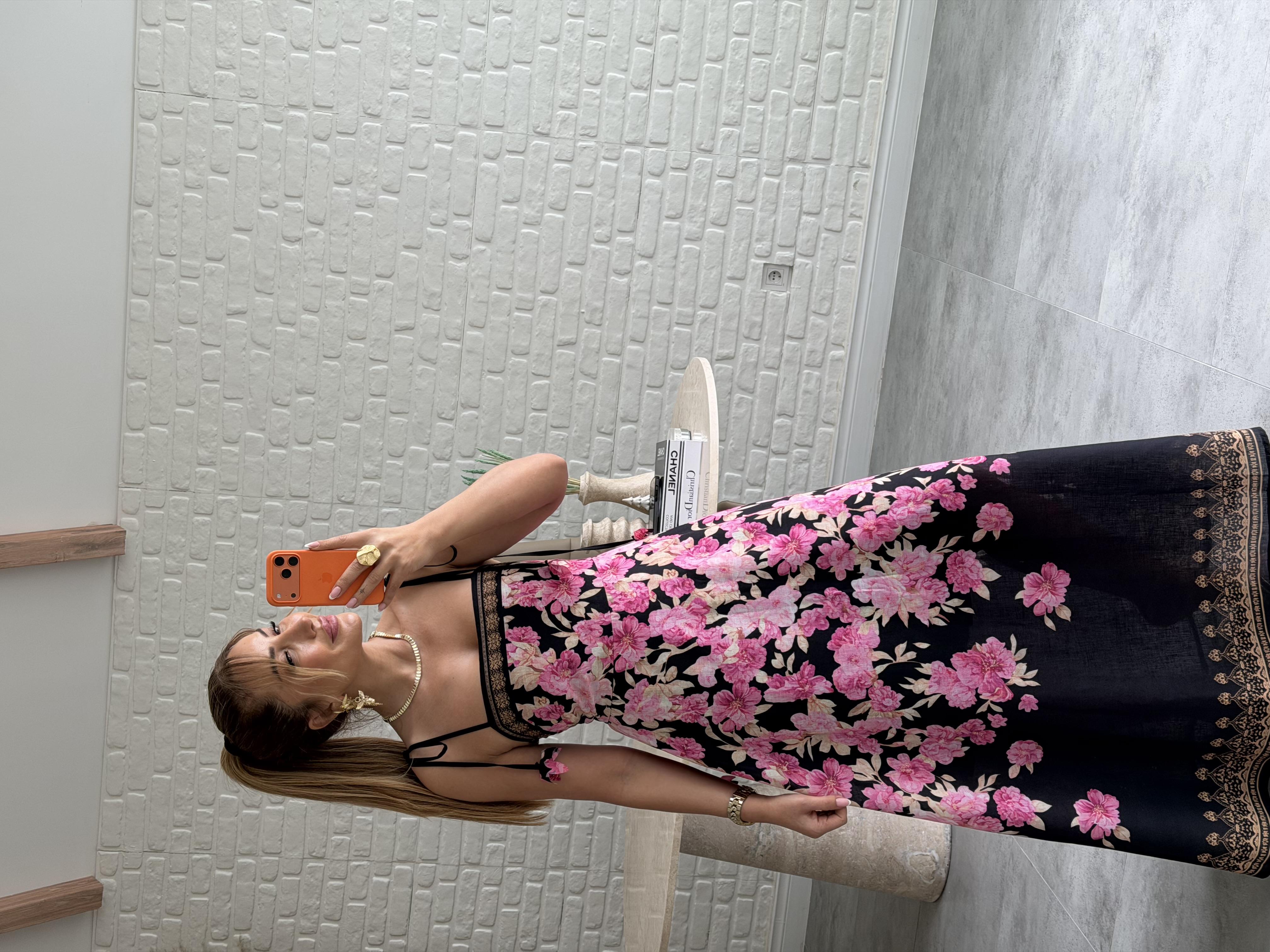 Siyah Çiçekli Askı Detaylı Keten Maxi Elbise