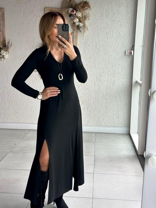 Siyah Çift Yırtmaçlı V Yaka Elbise 