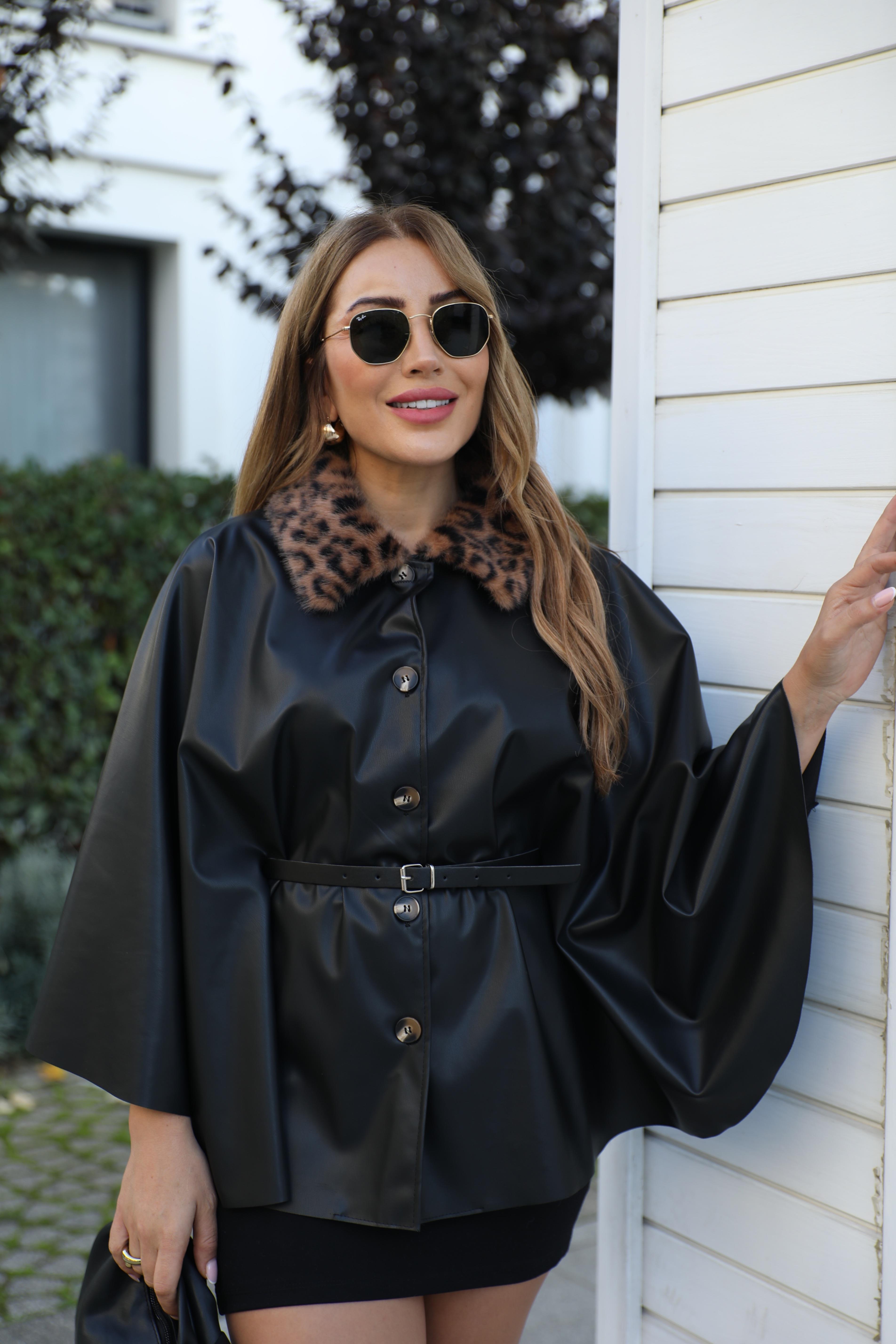 Siyah Deri Kürklü Panço 