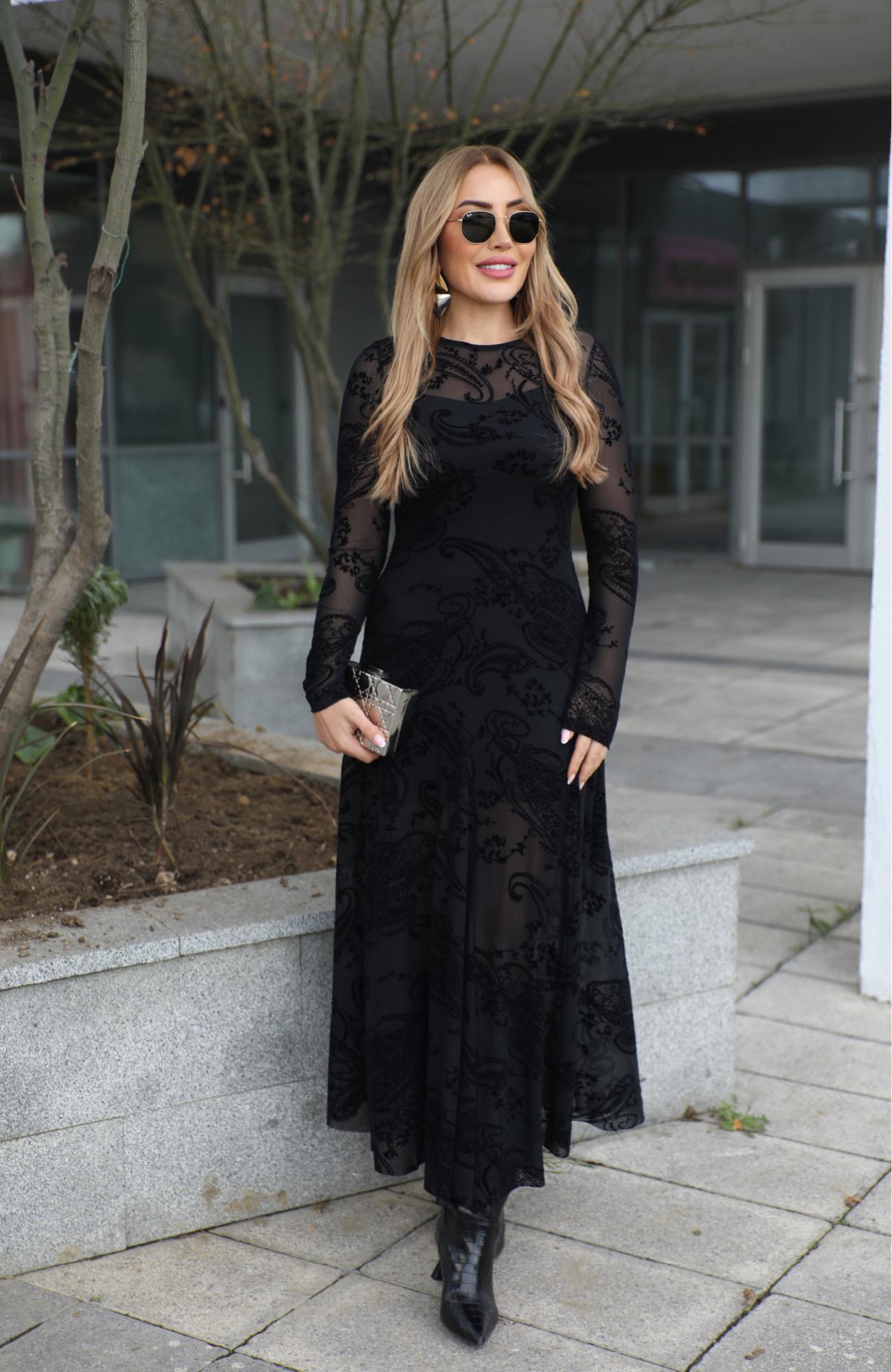 Siyah Desenli Tül Elbise 