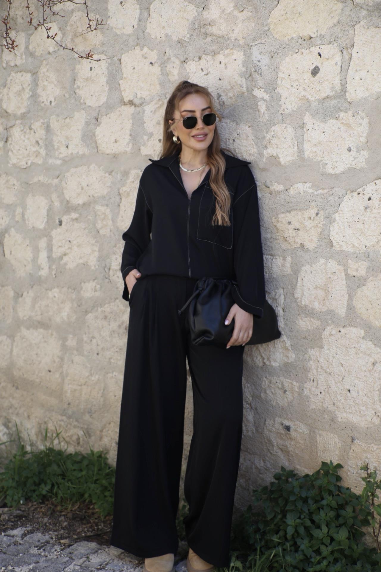 Siyah Dökümlü Bluz Pantolon Takım 