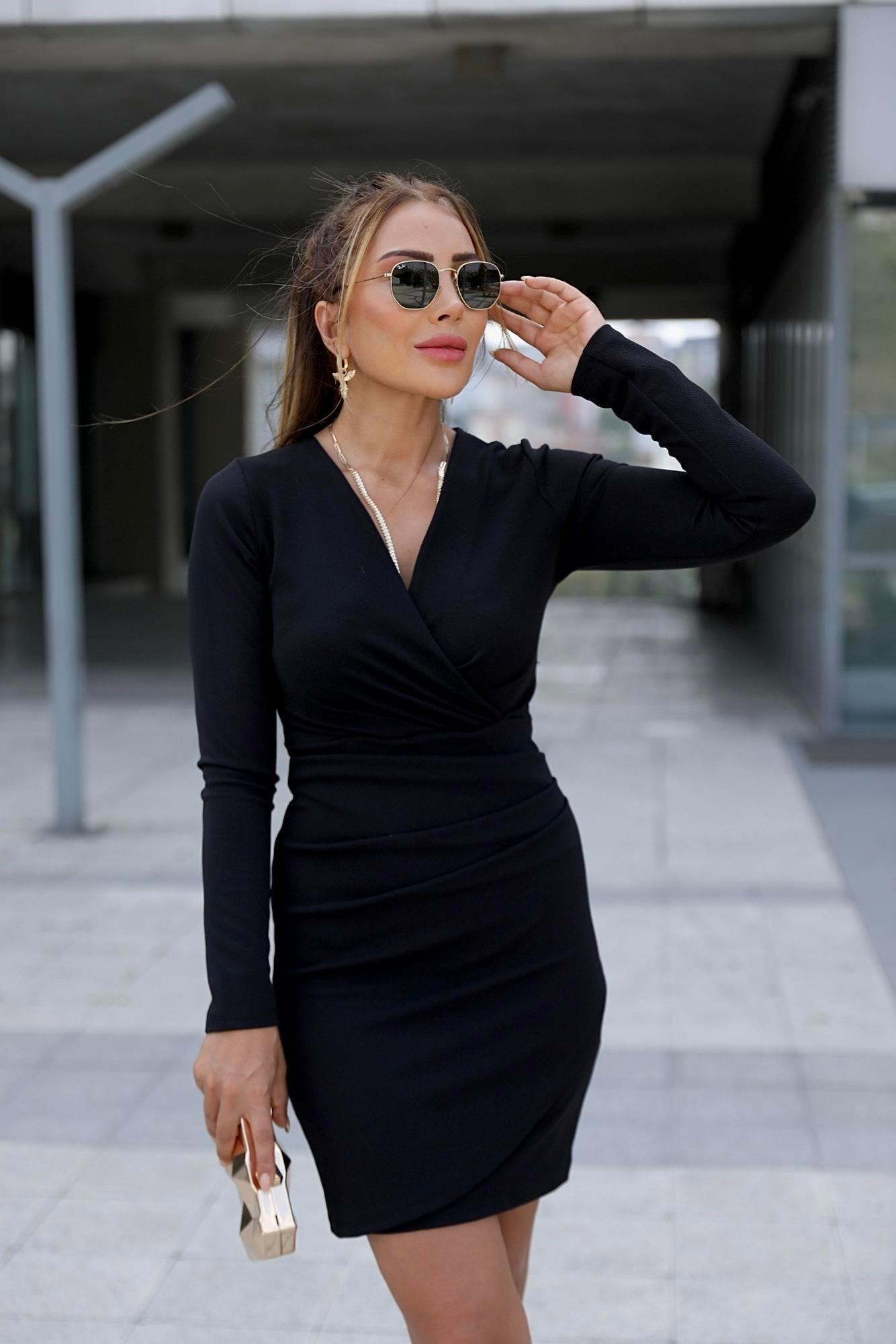 Siyah Drapeli Kruvaze Elbise