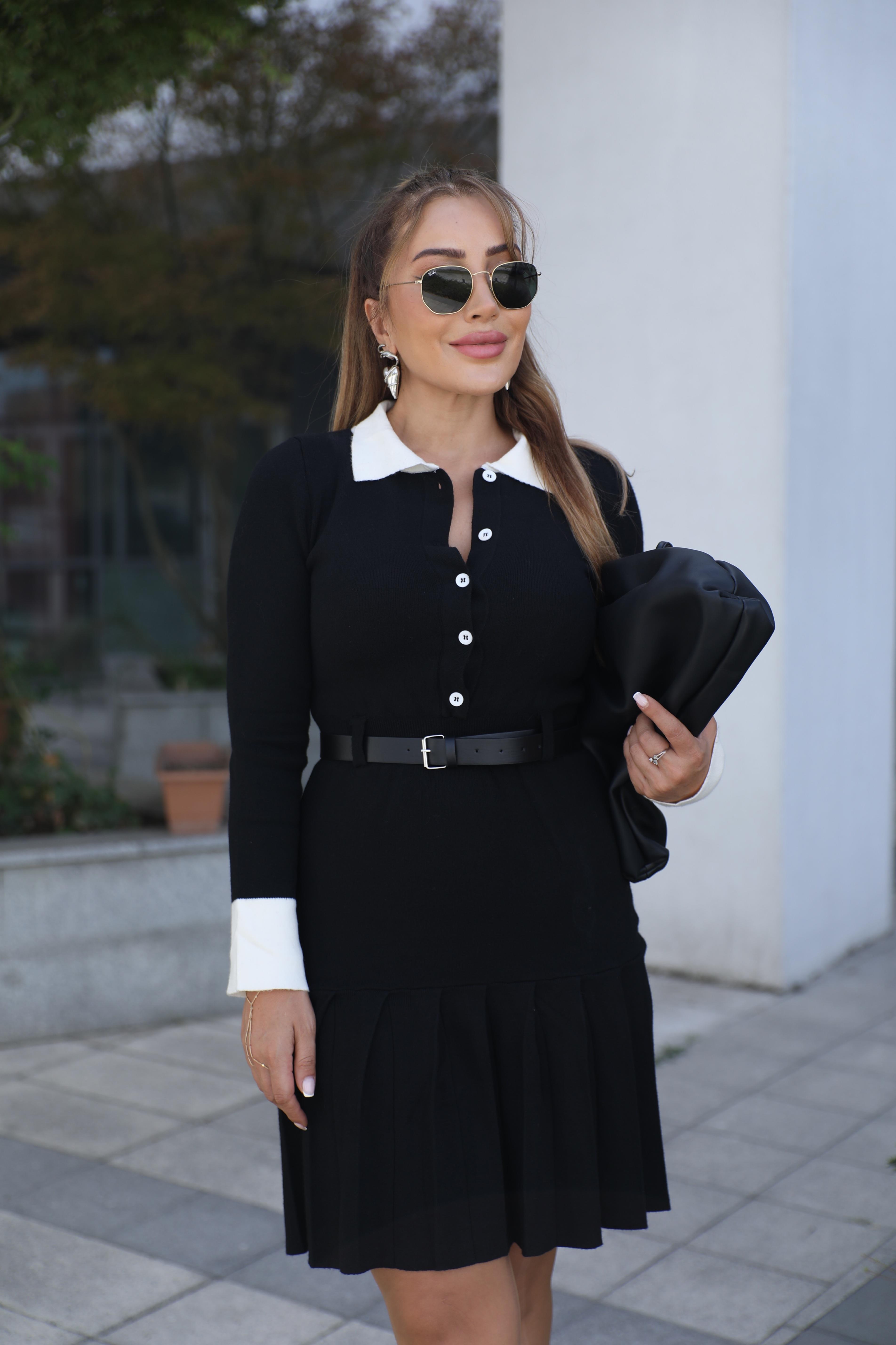 Siyah Ekru Detaylı Kemerli Triko Elbise