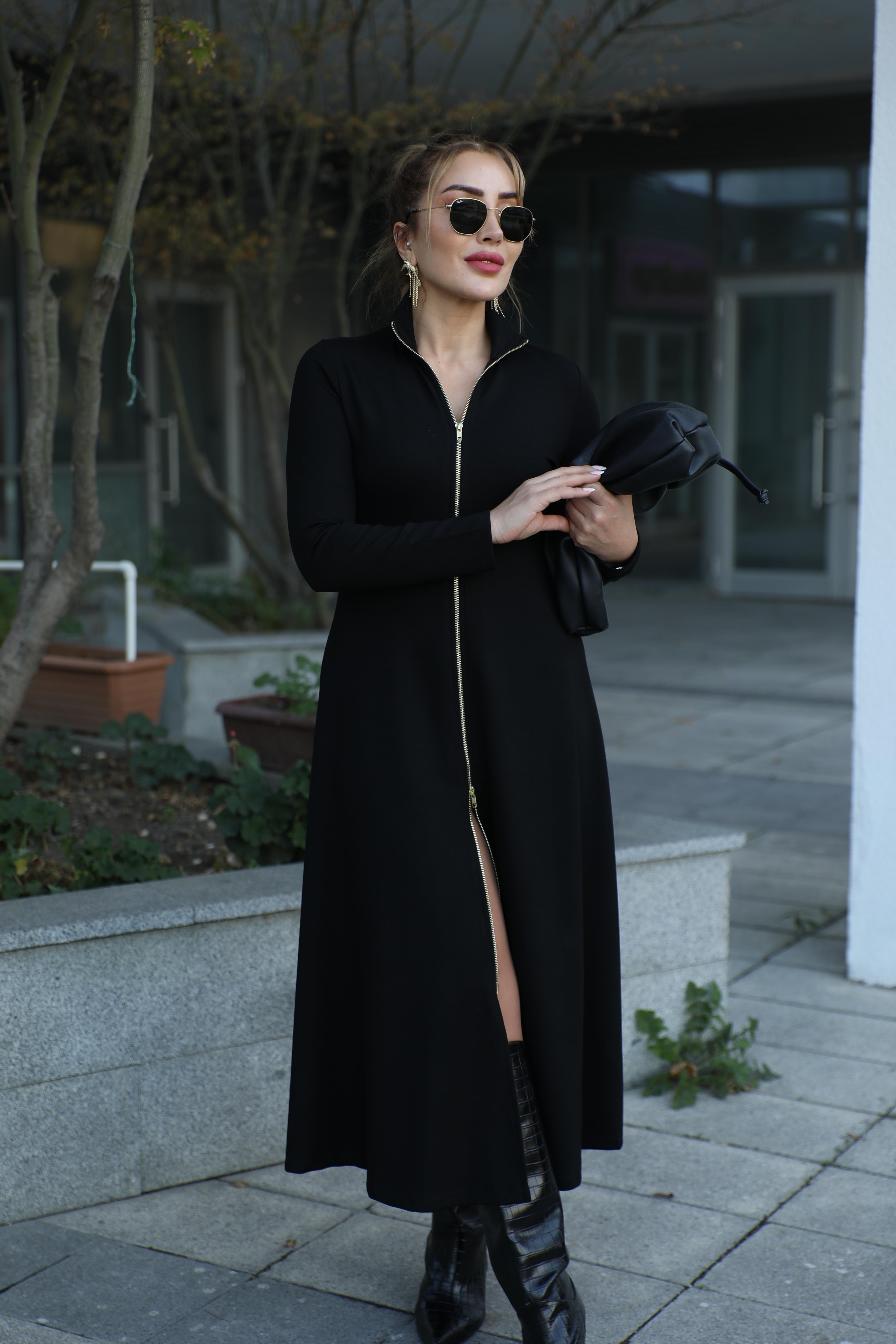 Siyah Fermuarlı Balıkçı Modal Elbise 