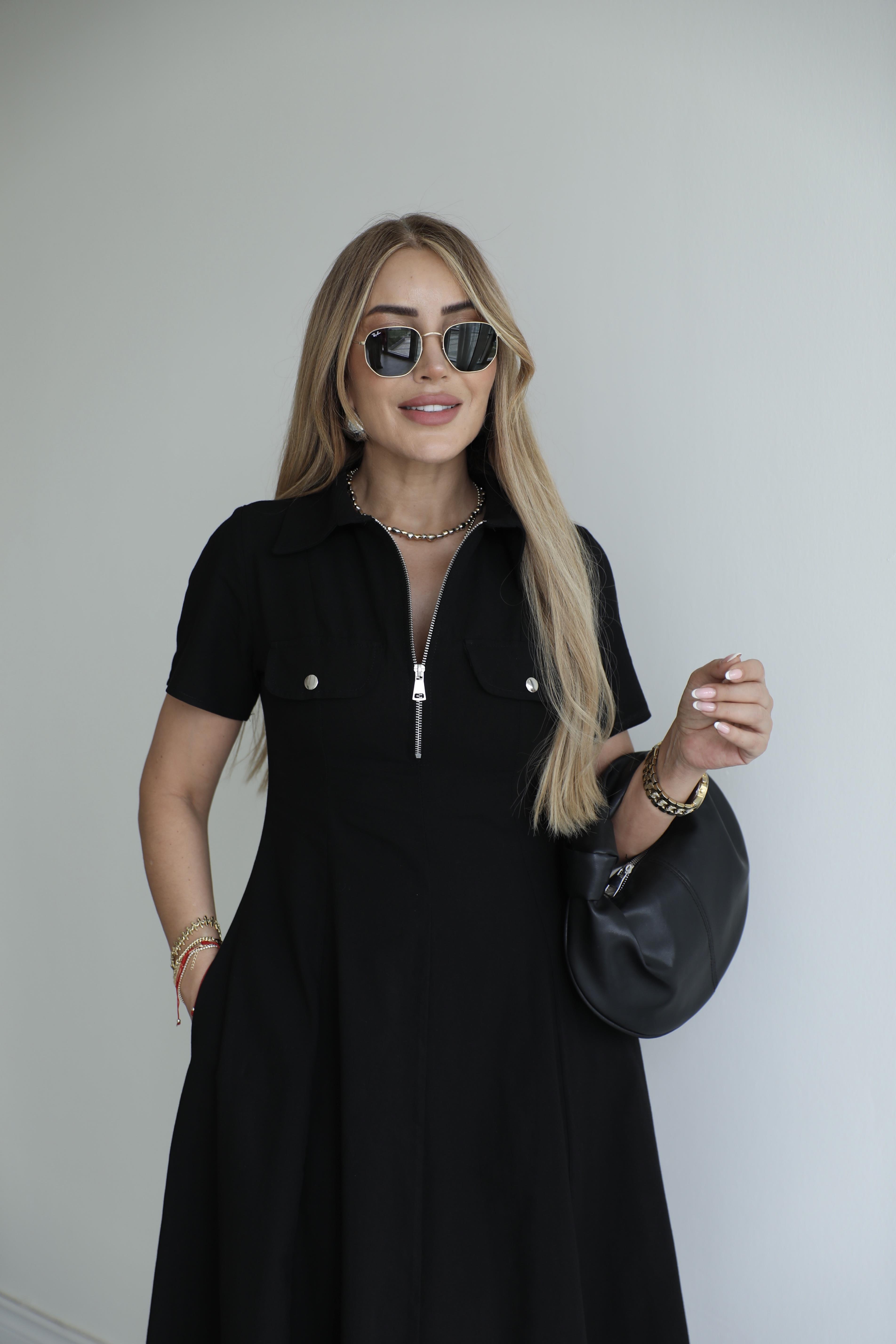 Siyah Fermuarlı Midi Poplin Elbise