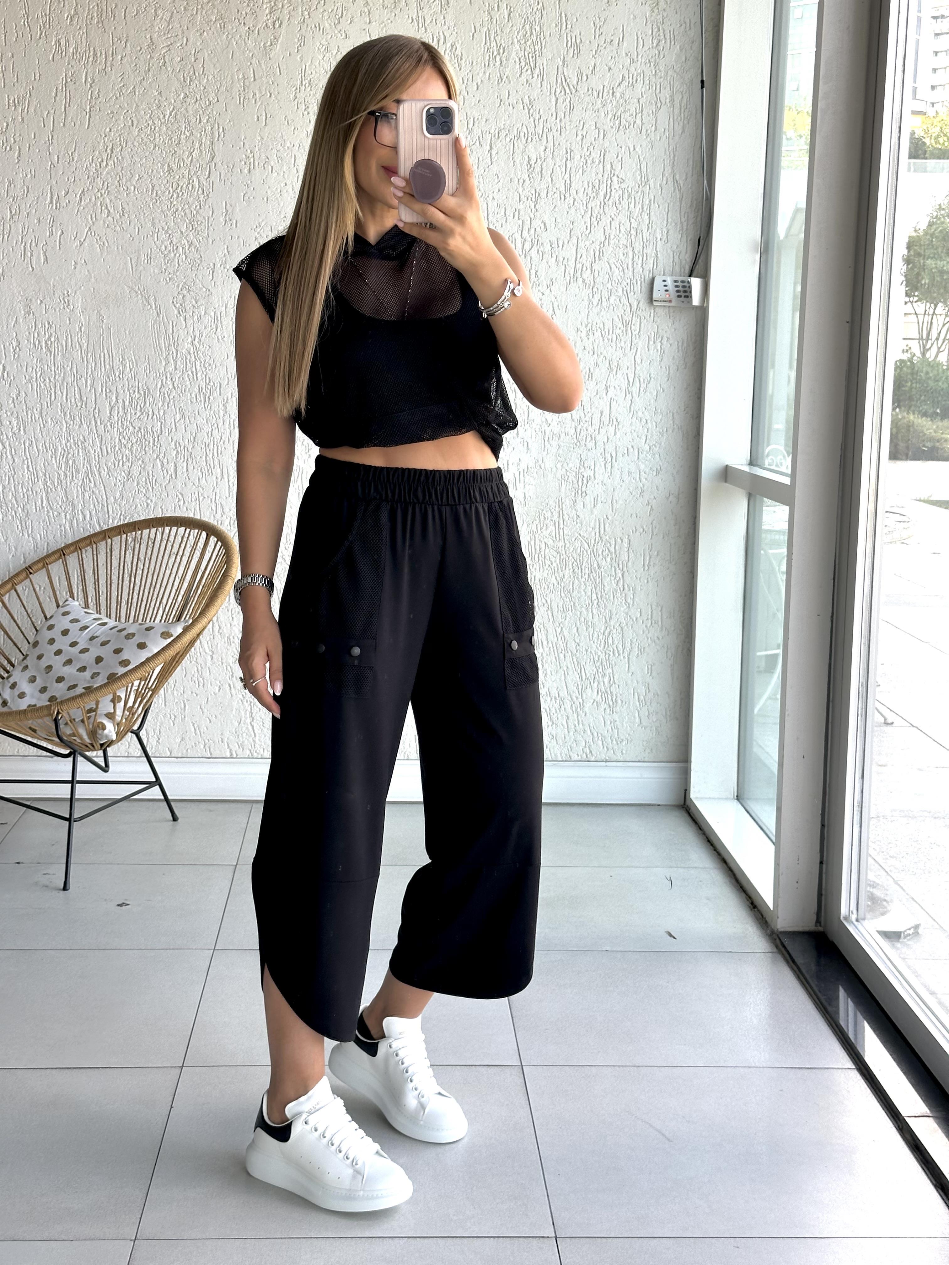 Siyah File Detaylı Modal Pantolon