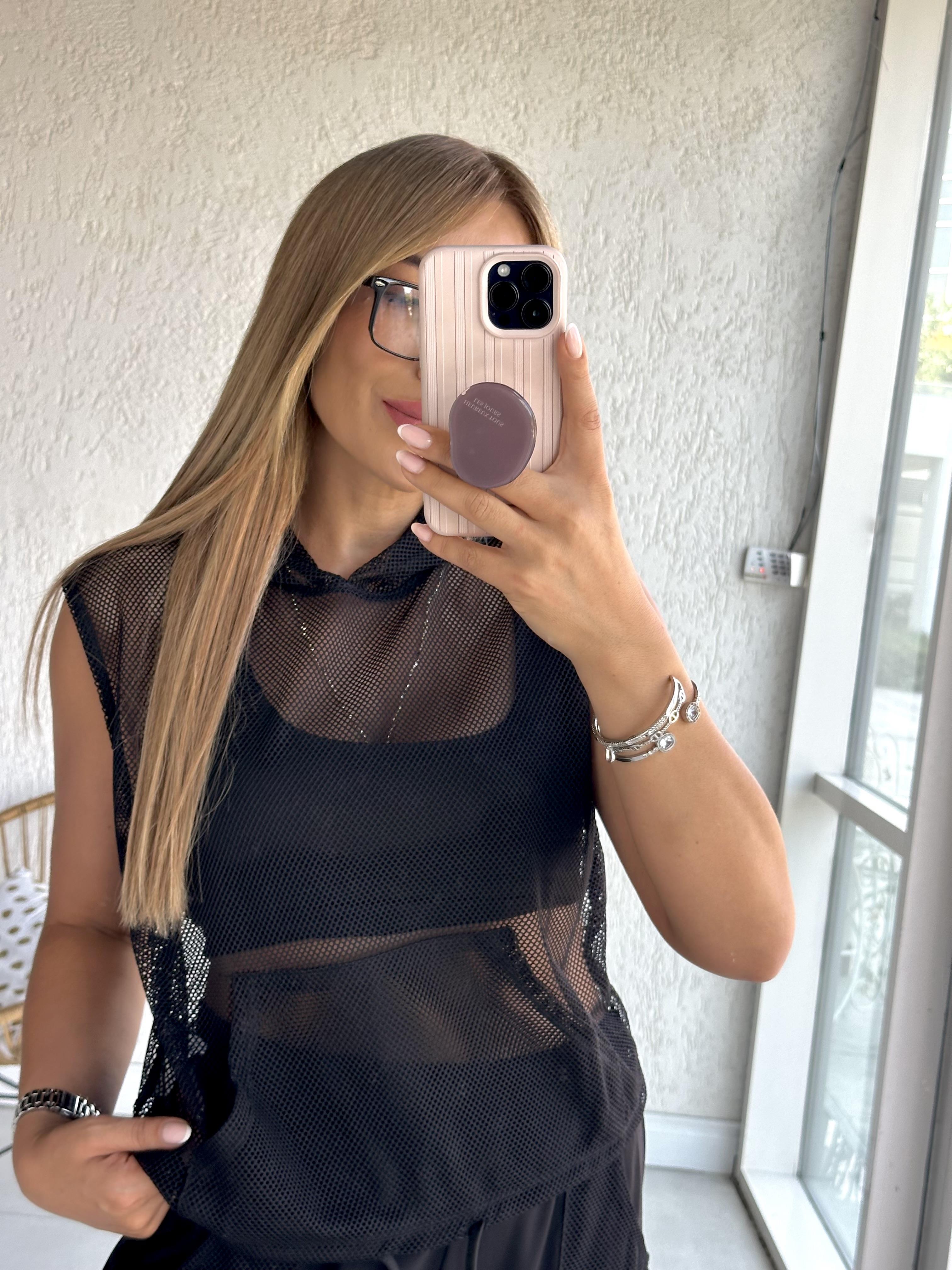 Siyah File Kapüşonlu Bluz