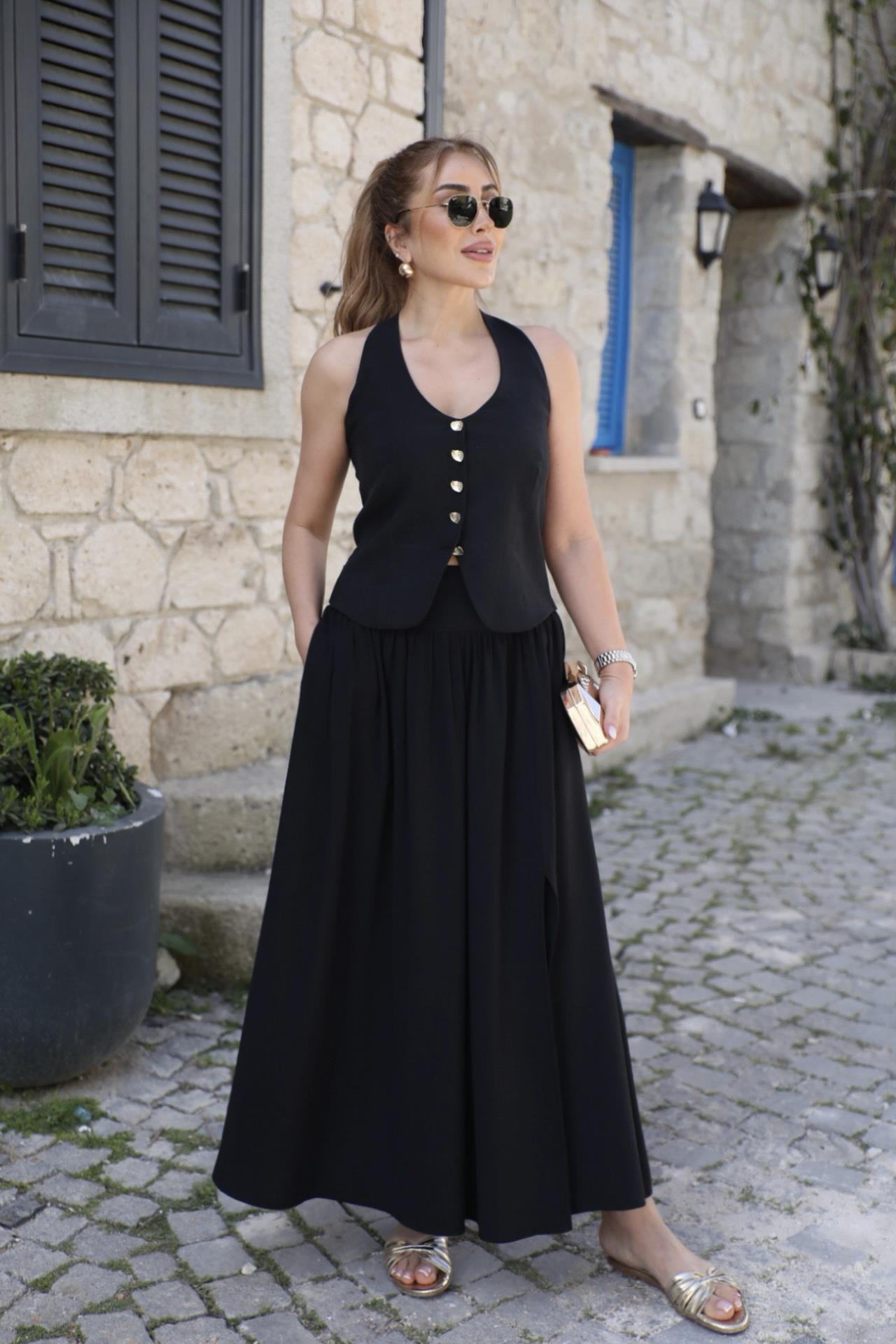 Siyah Gold Düğmeli Etek Yelek Takım 