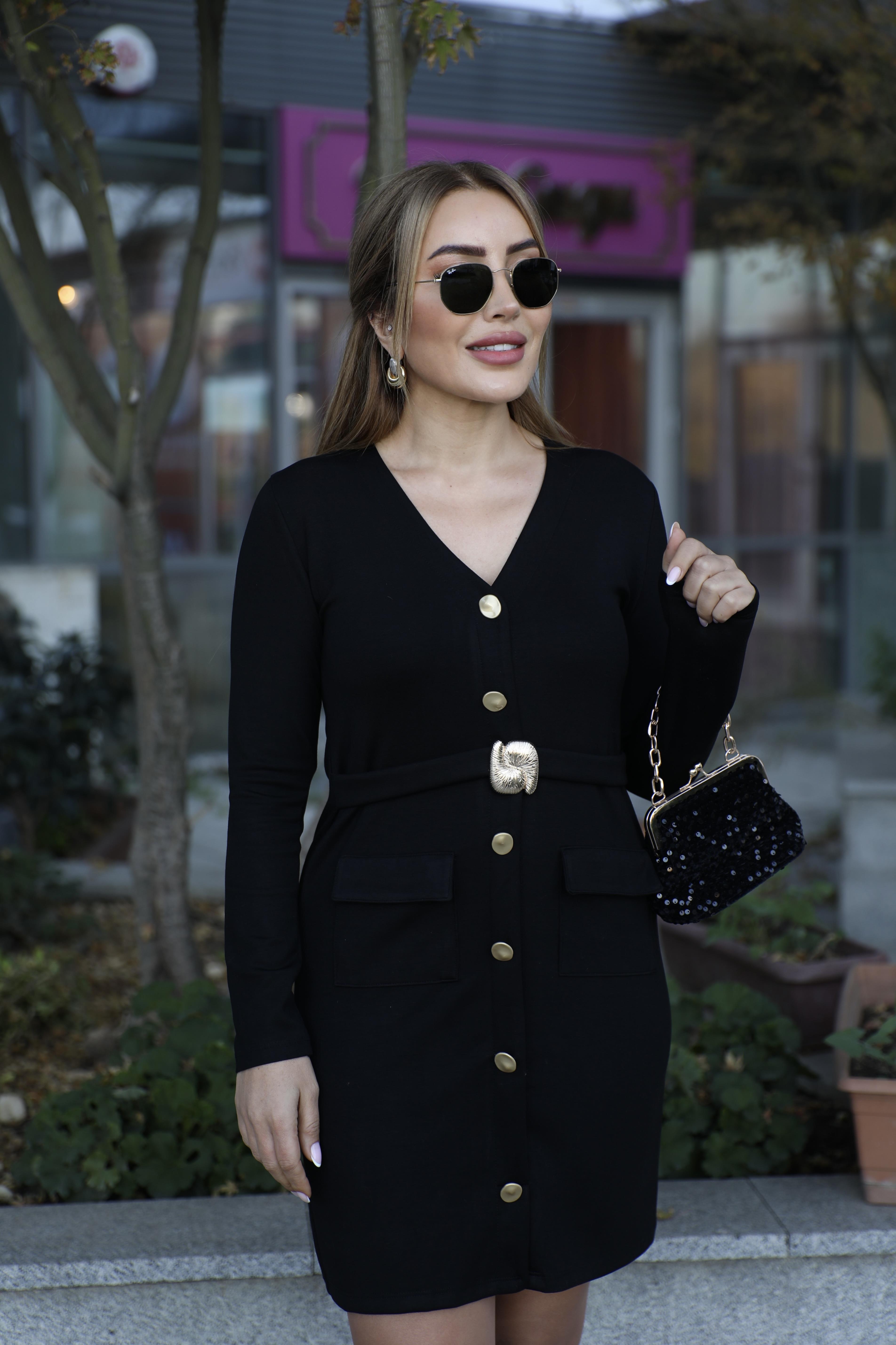 Siyah Gold Kemerli Modal Elbise 