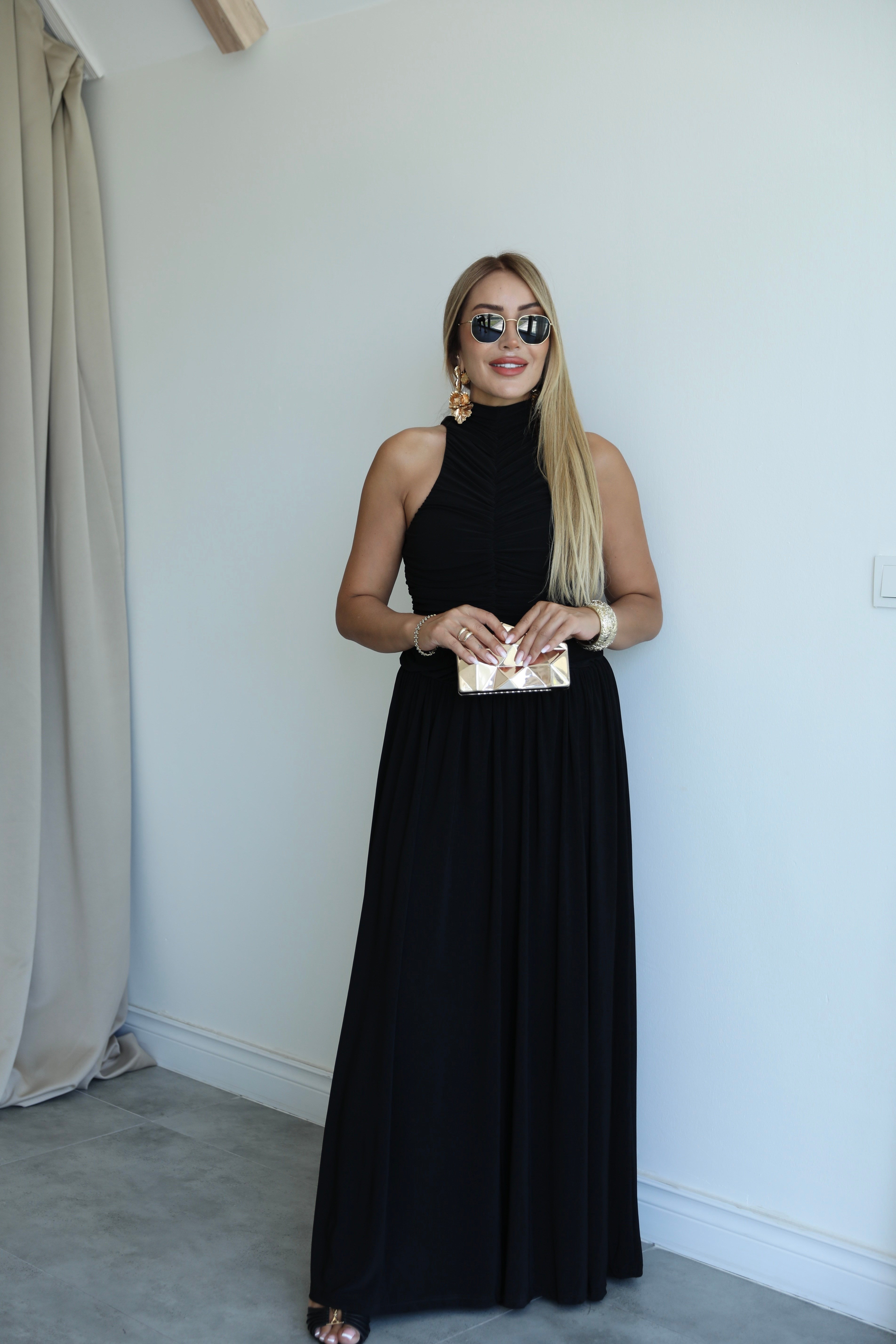 Siyah Hellen Drapeli Maxi Elbise 
